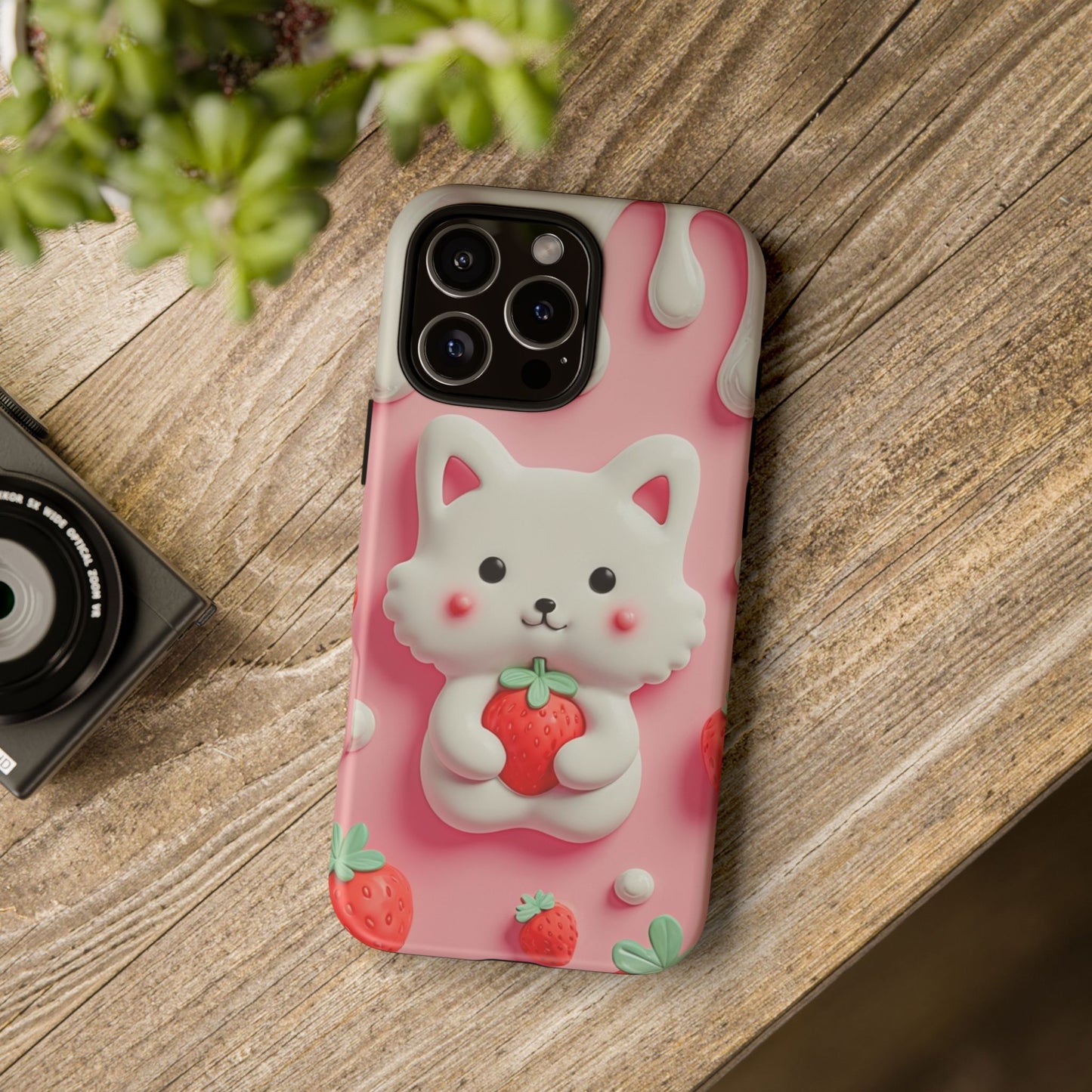 Adorable Cat Phone Case – Pink with Strawberry Design