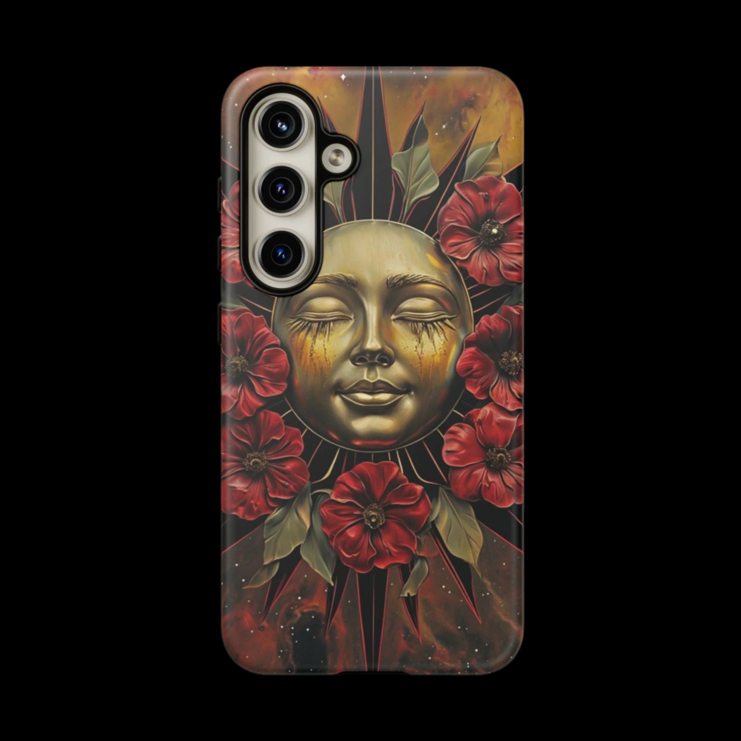 Phone Case Surreal Metallic Sun Face with Dark Red Flowers- Unique Modern Art Design
