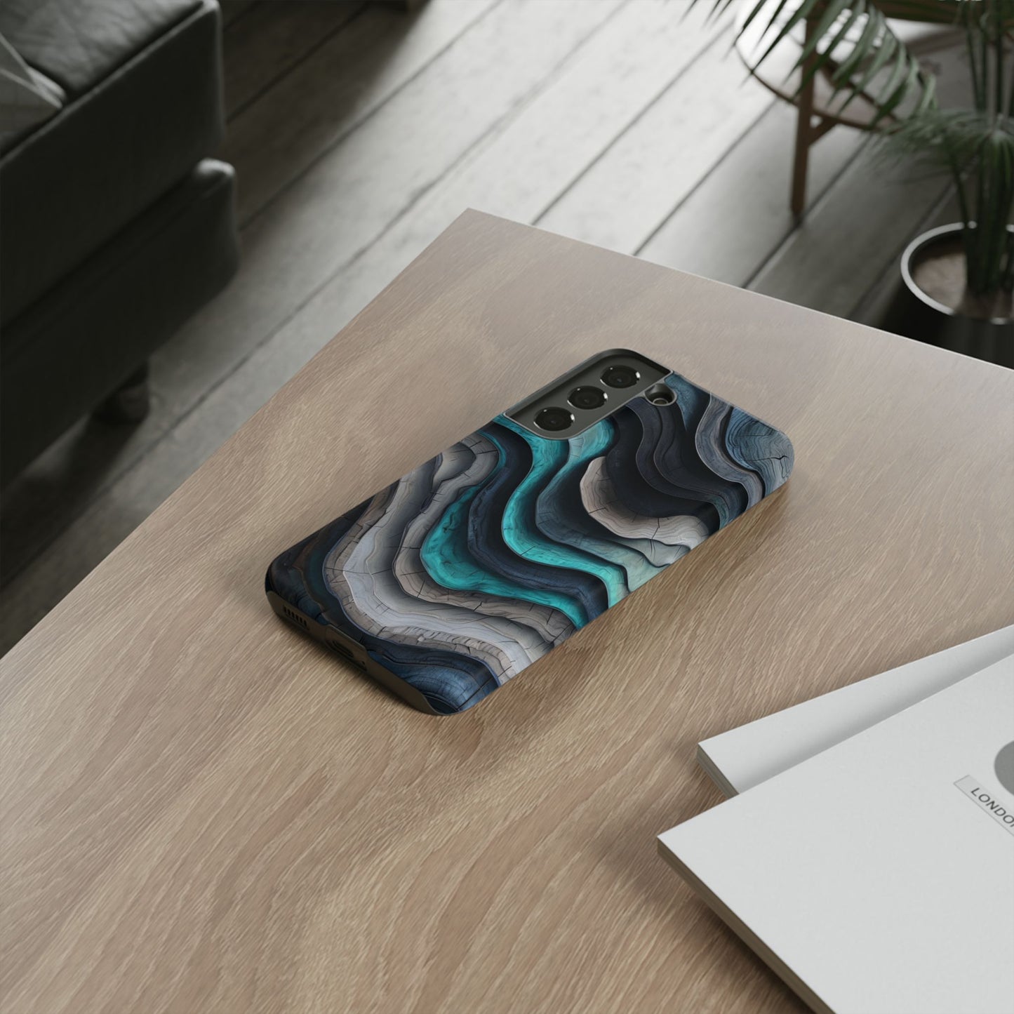Phone Case Blue & Grey Woodgrain Wave – Artistic iPhone & Samsung Cover