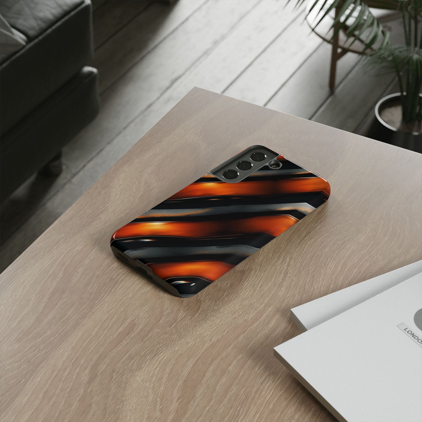 Abstract Phone Case – Black & Orange Tiger Stripe Design – Shockproof Cover