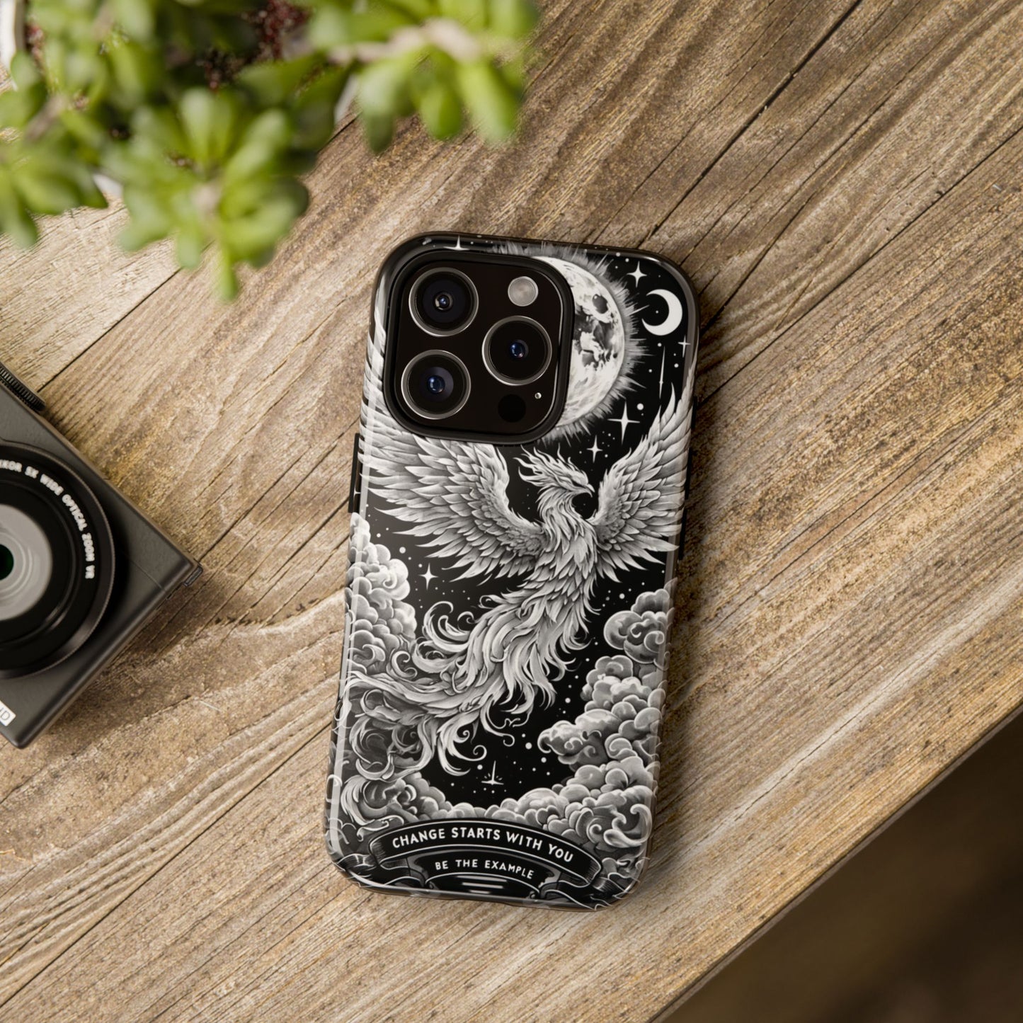 Phoenix Art iPhone Case – 'Change Starts With You' – Black & White Design