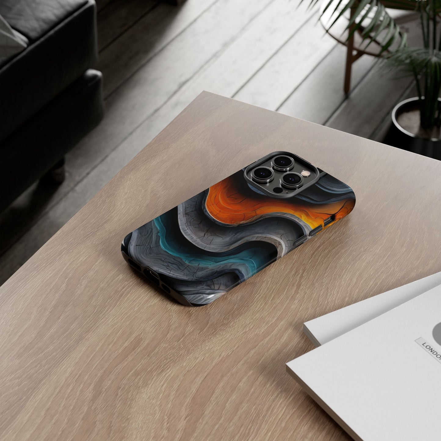 Phone Case Abstract Wave – Aesthetic Orange Teal Black Cover – Case Gift