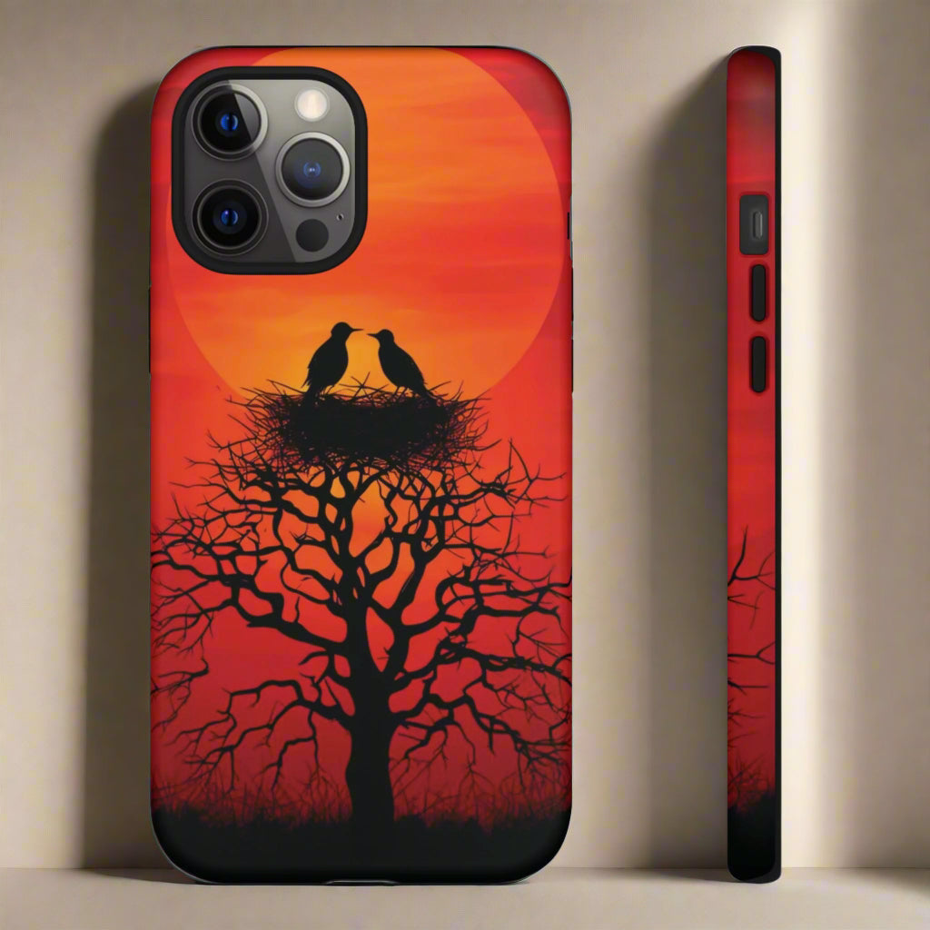 Phone Case Two Birds on a Nest - Red Sunset Background - Nature Wall Art - Romantic Bird Scene
