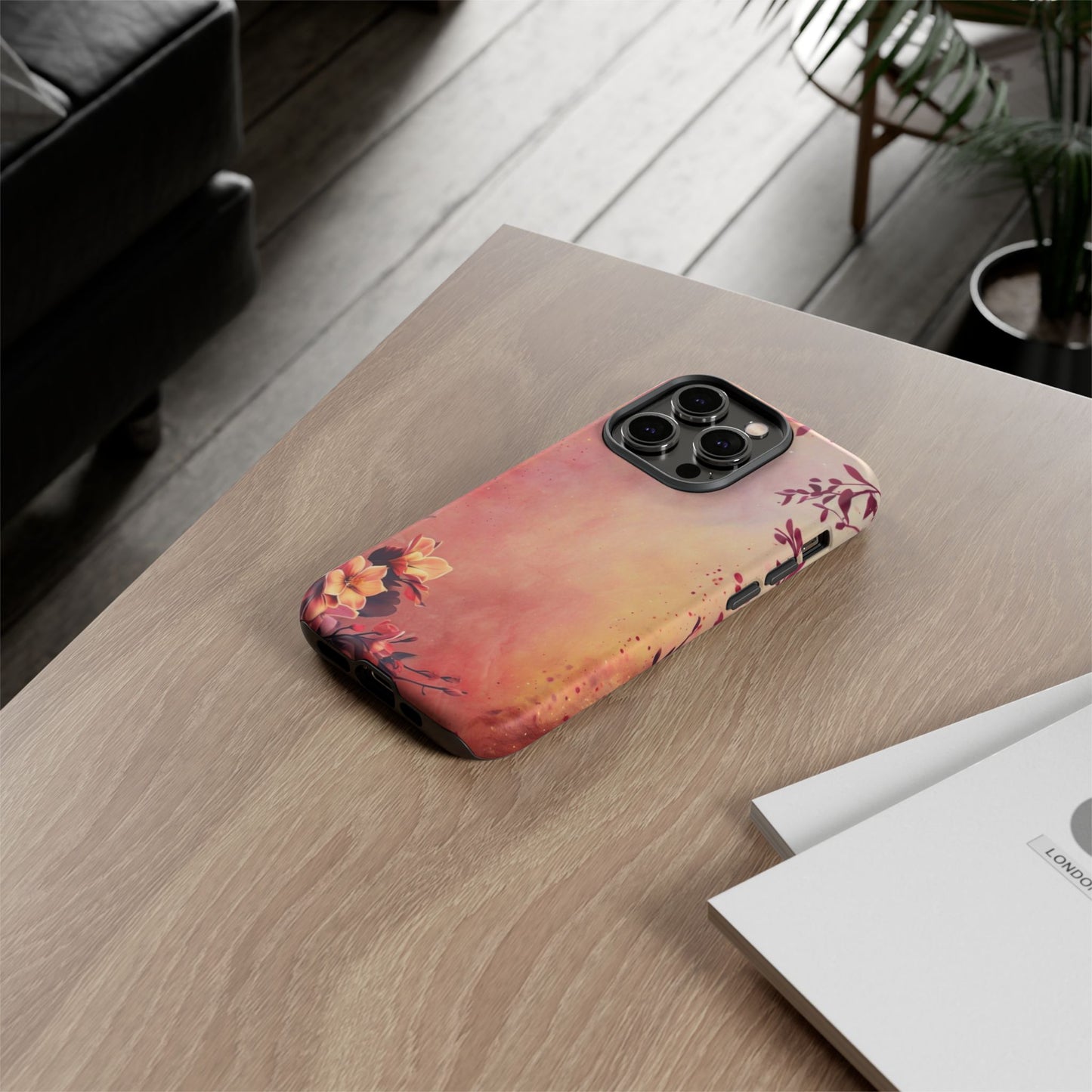 Watercolor Floral Phone Case - Pink Orange Gradient iPhone Cover - Botanical Art Protection