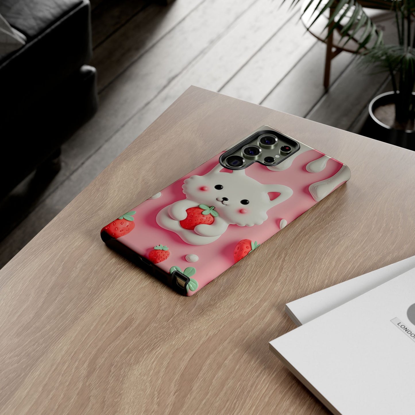 Adorable Cat Phone Case – Pink with Strawberry Design