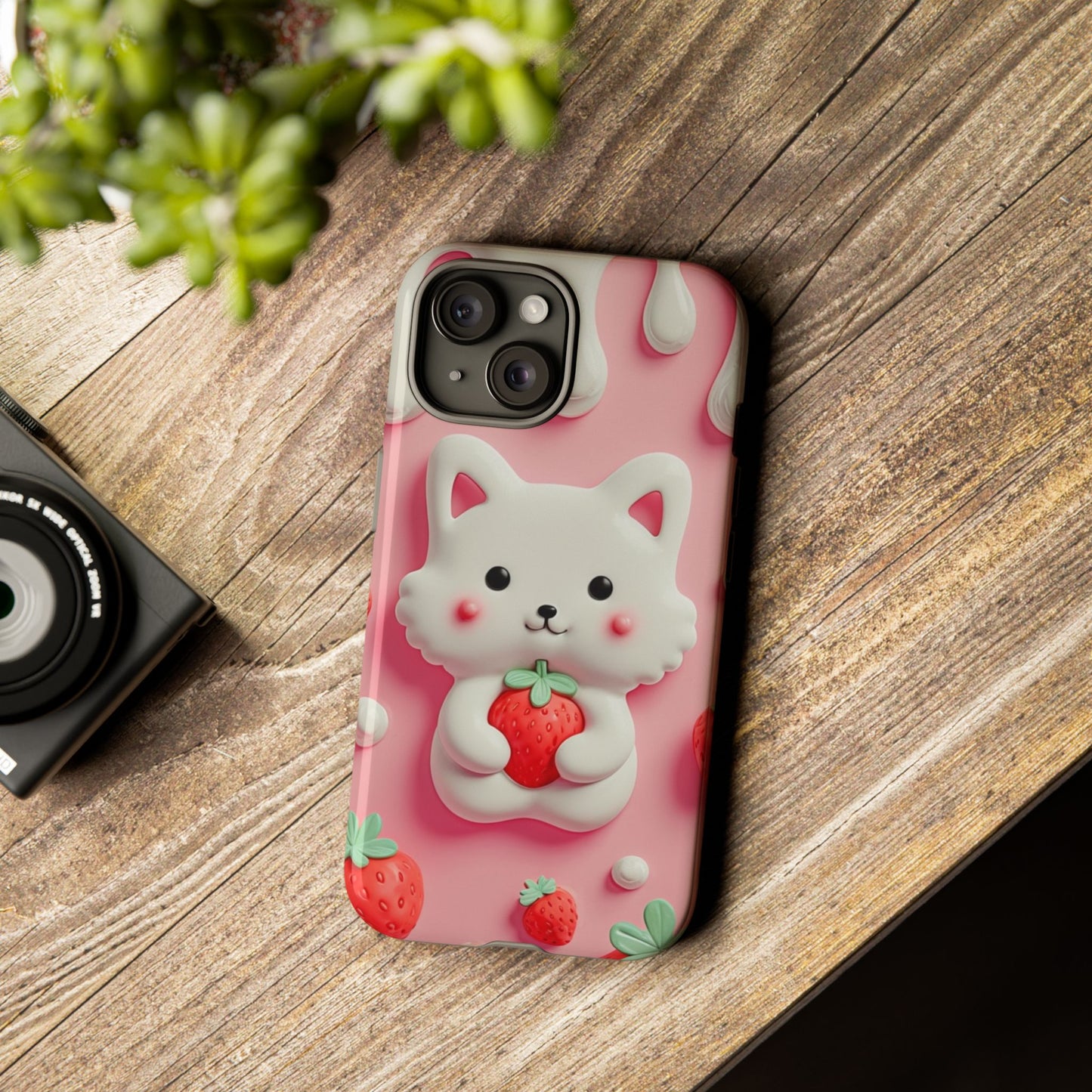 Adorable Cat Phone Case – Pink with Strawberry Design