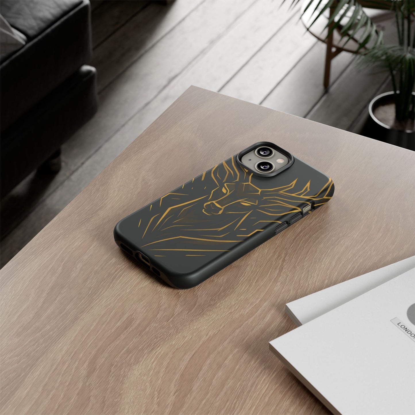 Phone Case with Black and Gold Deer Design – Elegant & Sophisticated Style