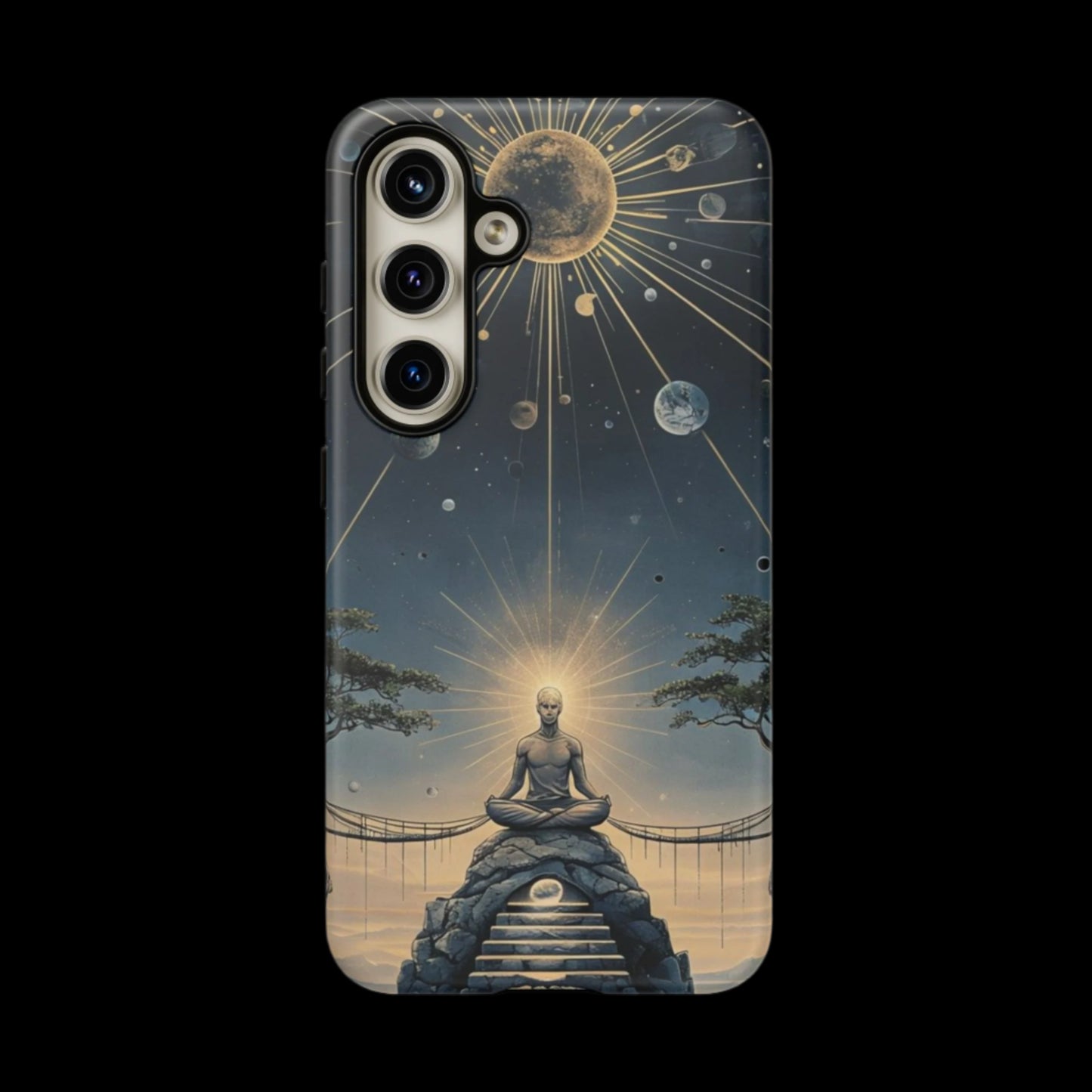 Phone Case Futuristic Meditating Figure in Cosmic Elements at Twilight – Sci-Fi Artwork