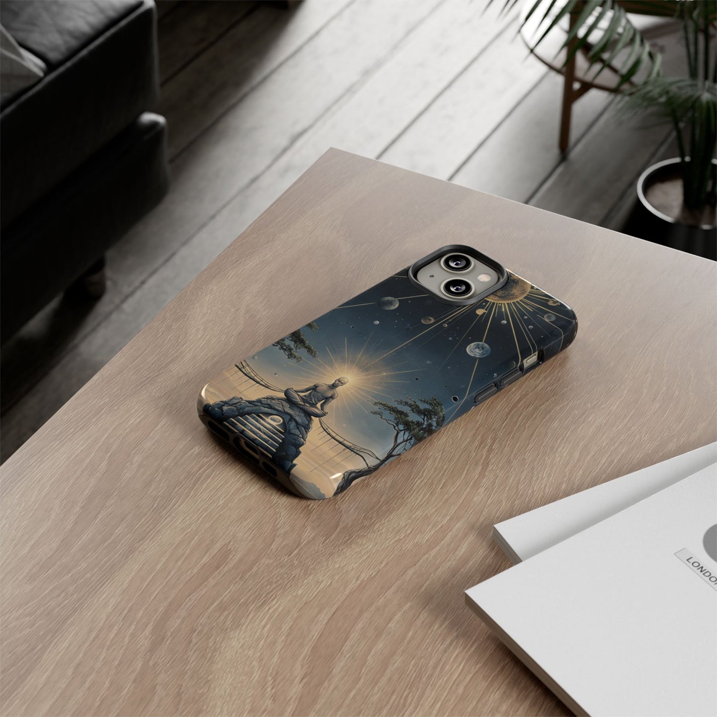 Phone Case Futuristic Meditating Figure in Cosmic Elements at Twilight – Sci-Fi Artwork
