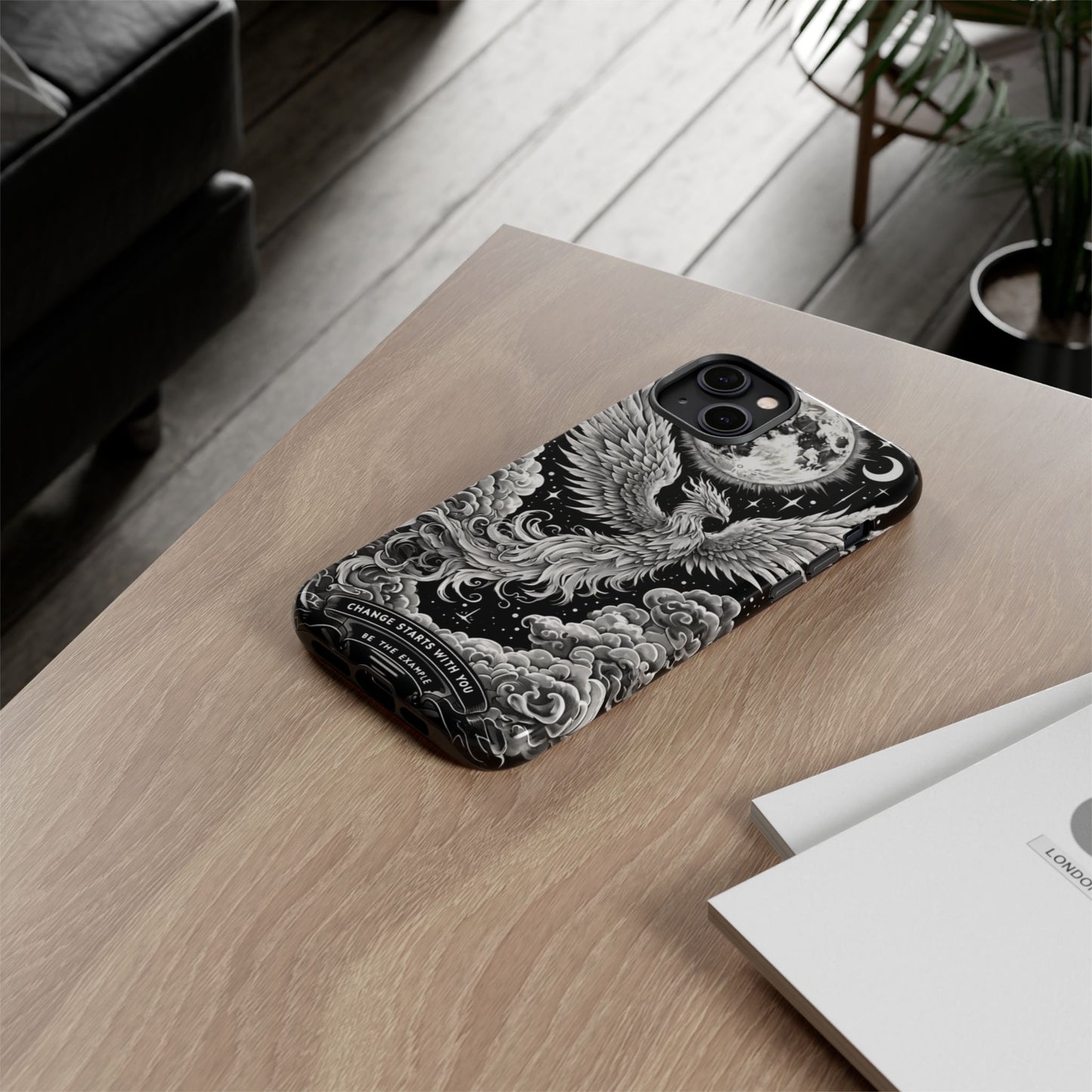 Phoenix Art iPhone Case – 'Change Starts With You' – Black & White Design