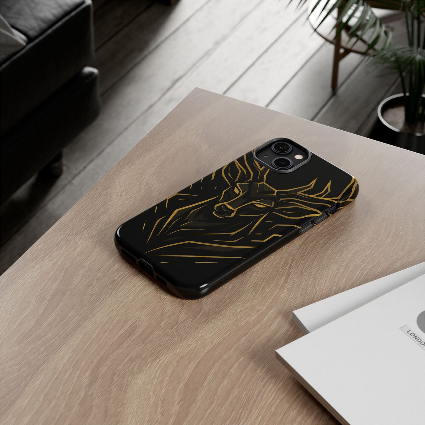 Phone Case with Black and Gold Deer Design – Elegant & Sophisticated Style