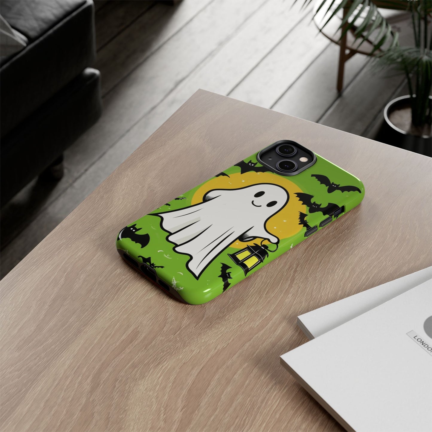 Cute Halloween Ghost Phone Case with Bats and Lantern – Perfect for Spooky Season
