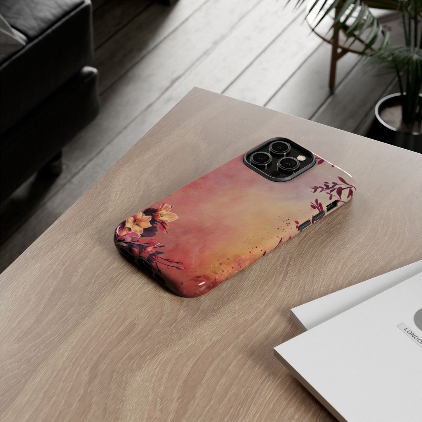 Watercolor Floral Phone Case - Pink Orange Gradient iPhone Cover - Botanical Art Protection