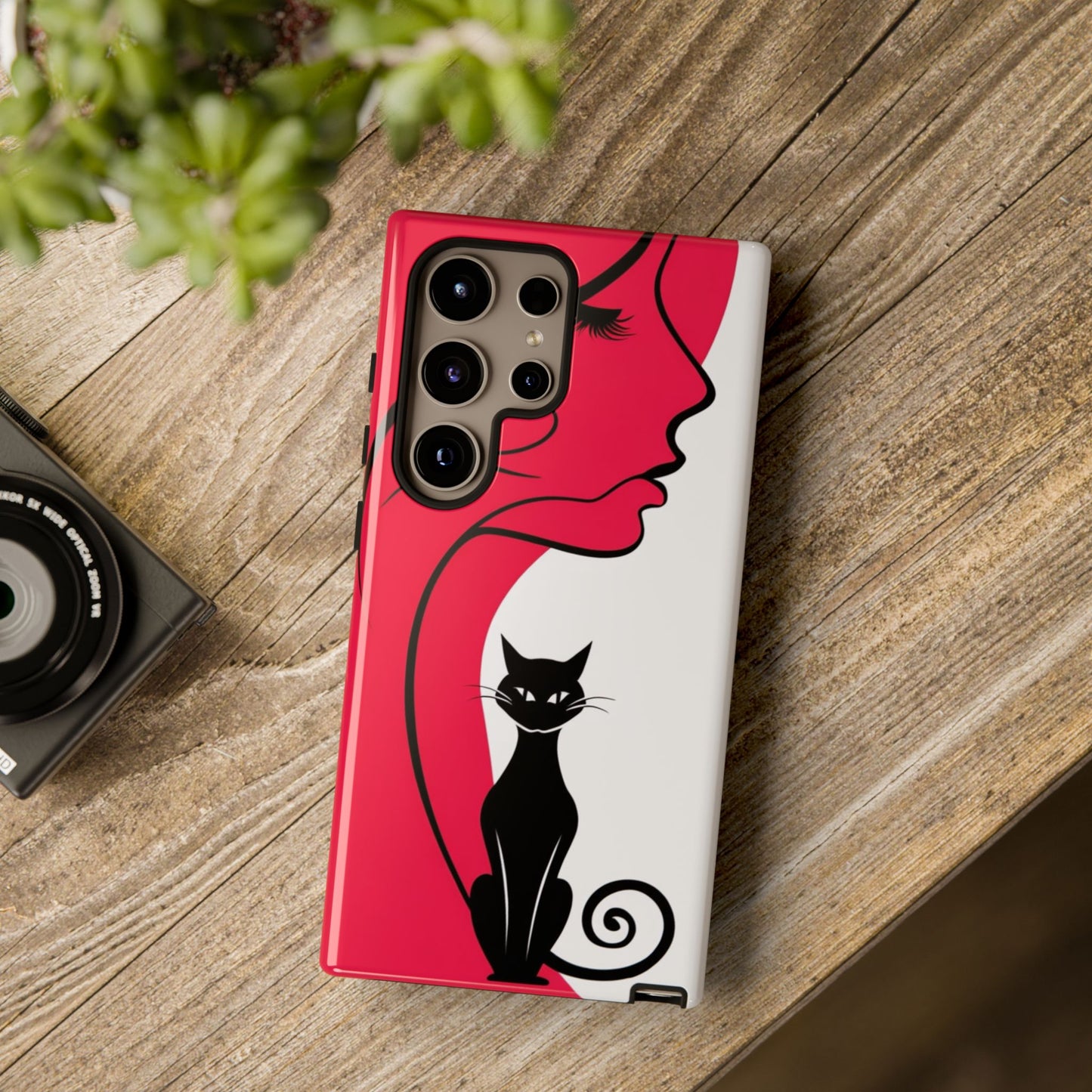 Phone Case with Artistic Woman & Black Cat Design – Stylish and Protective