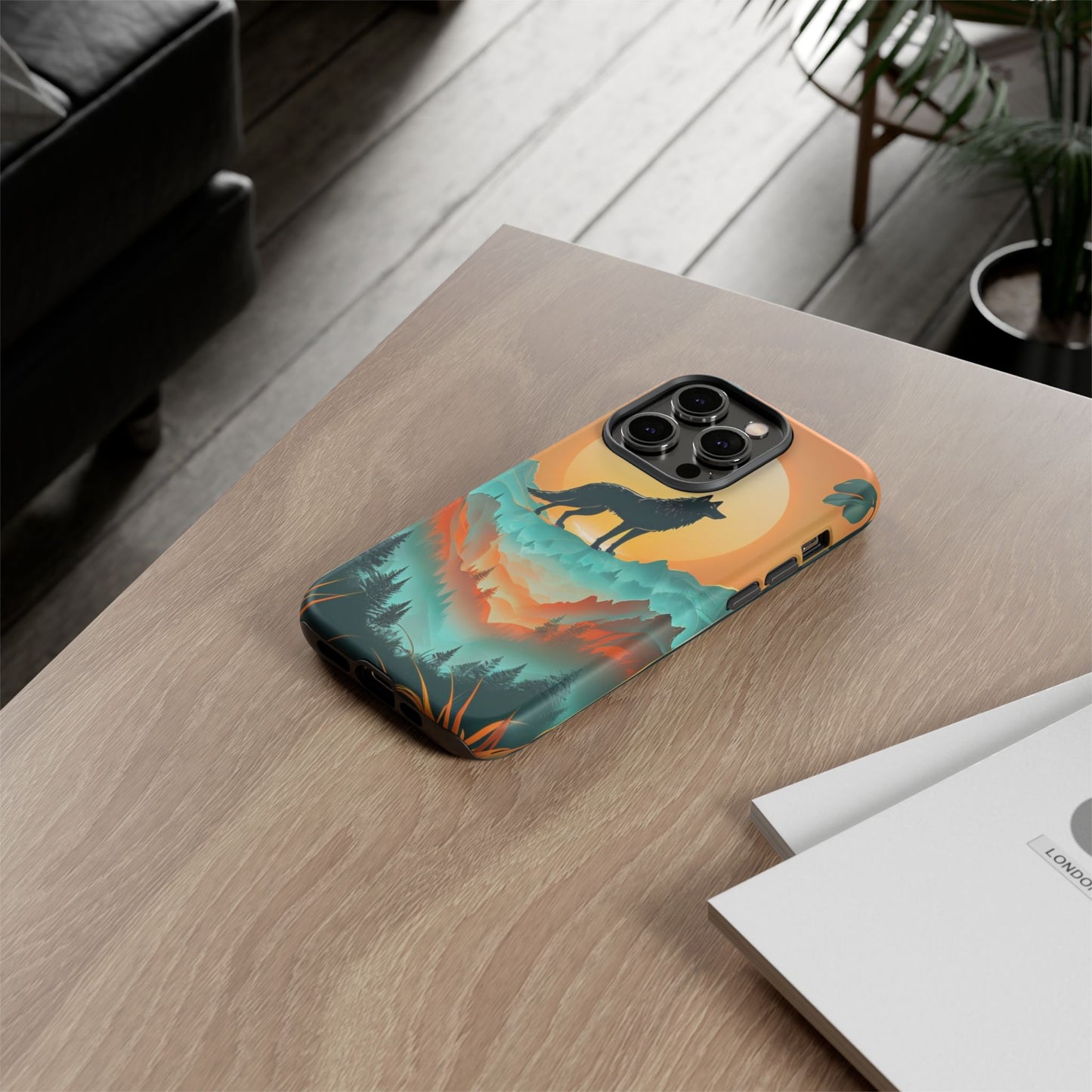 Phone Case Sunset Wolf Silhouette & Tropical Landscape – Artistic Protection
