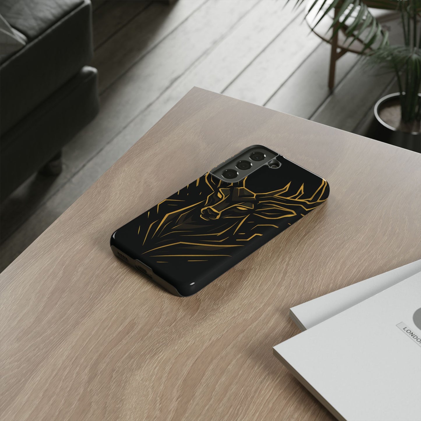 Phone Case with Black and Gold Deer Design – Elegant & Sophisticated Style