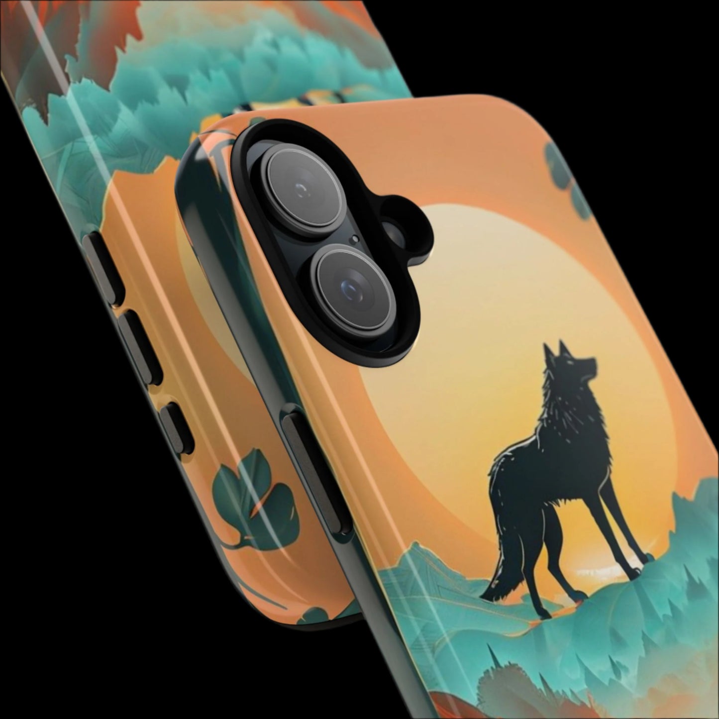 Phone Case Sunset Wolf Silhouette & Tropical Landscape – Artistic Protection