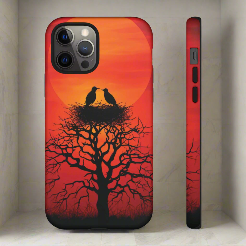 Phone Case Two Birds on a Nest - Red Sunset Background - Nature Wall Art - Romantic Bird Scene