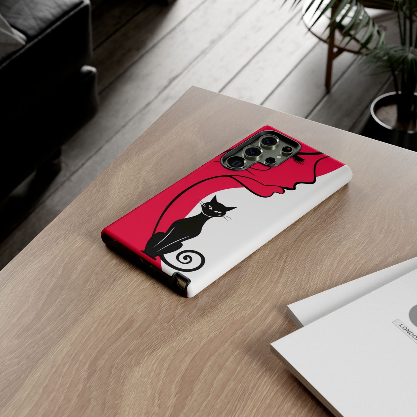 Phone Case with Artistic Woman & Black Cat Design – Stylish and Protective
