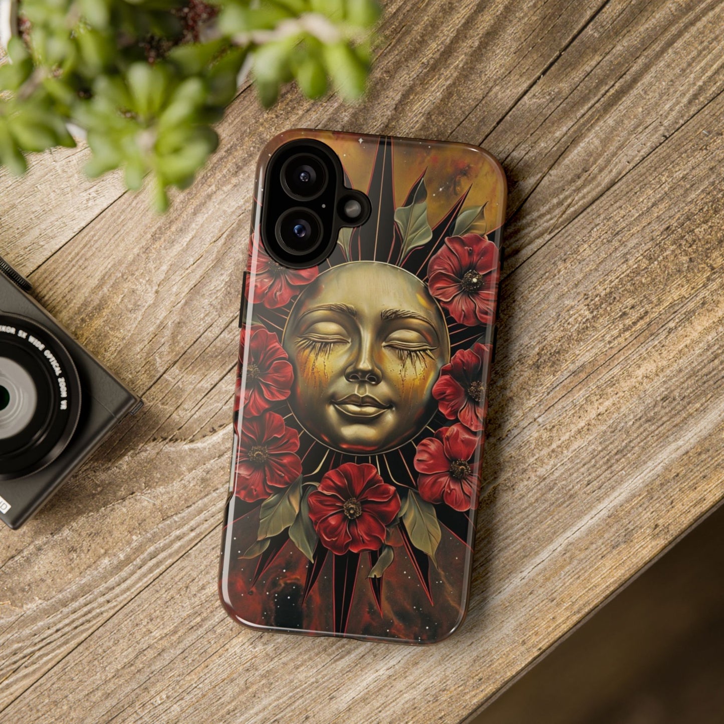 Phone Case Surreal Metallic Sun Face with Dark Red Flowers- Unique Modern Art Design