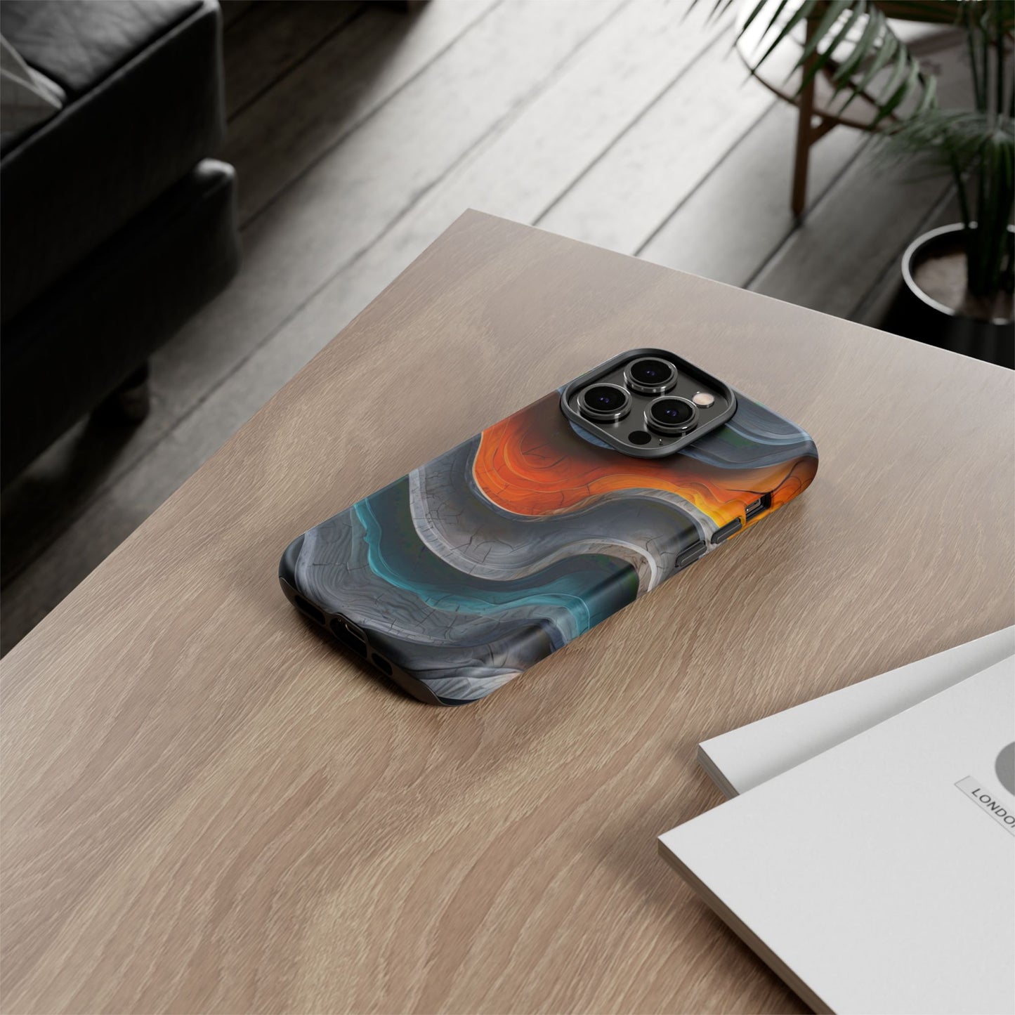 Phone Case Abstract Wave – Aesthetic Orange Teal Black Cover – Case Gift