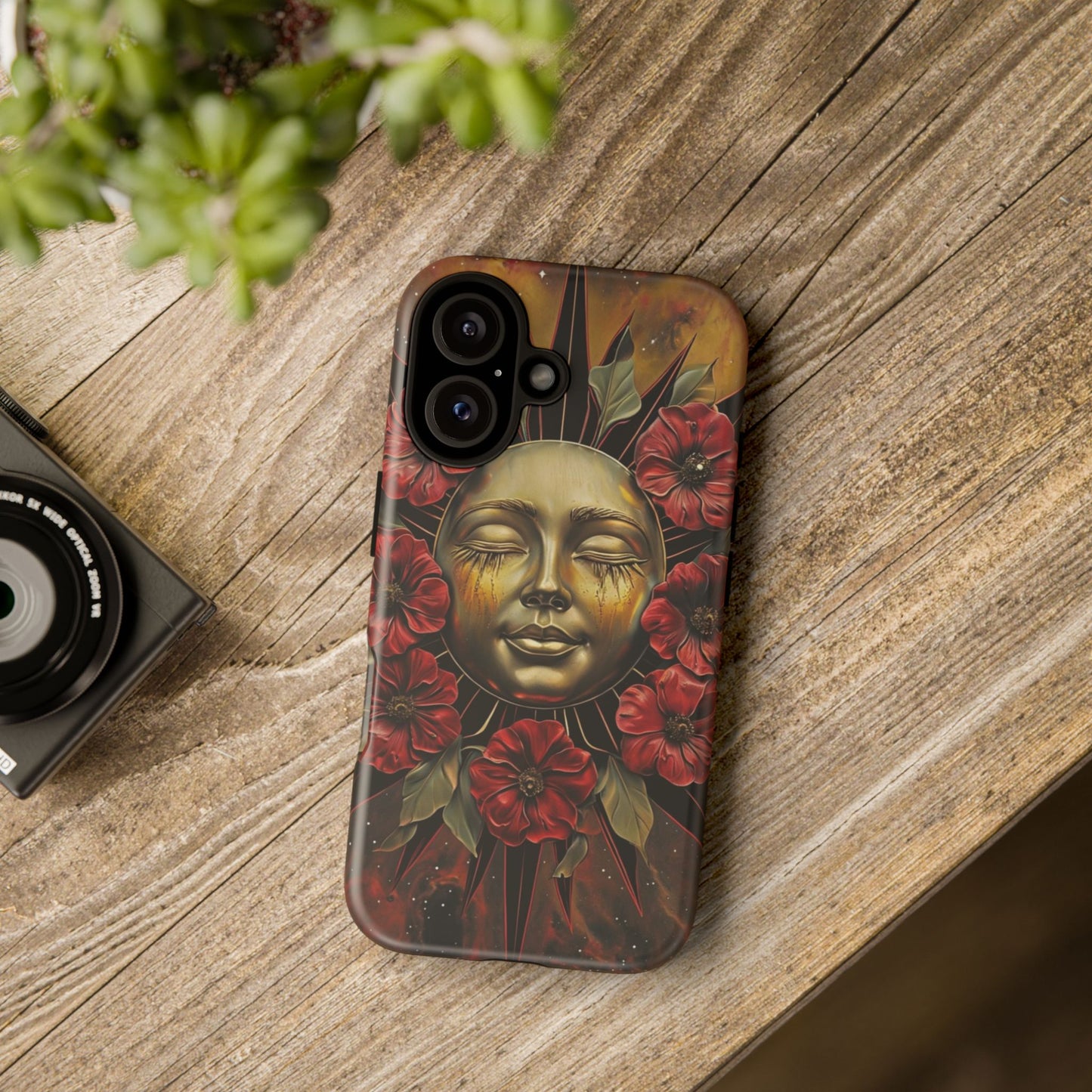 Phone Case Surreal Metallic Sun Face with Dark Red Flowers- Unique Modern Art Design