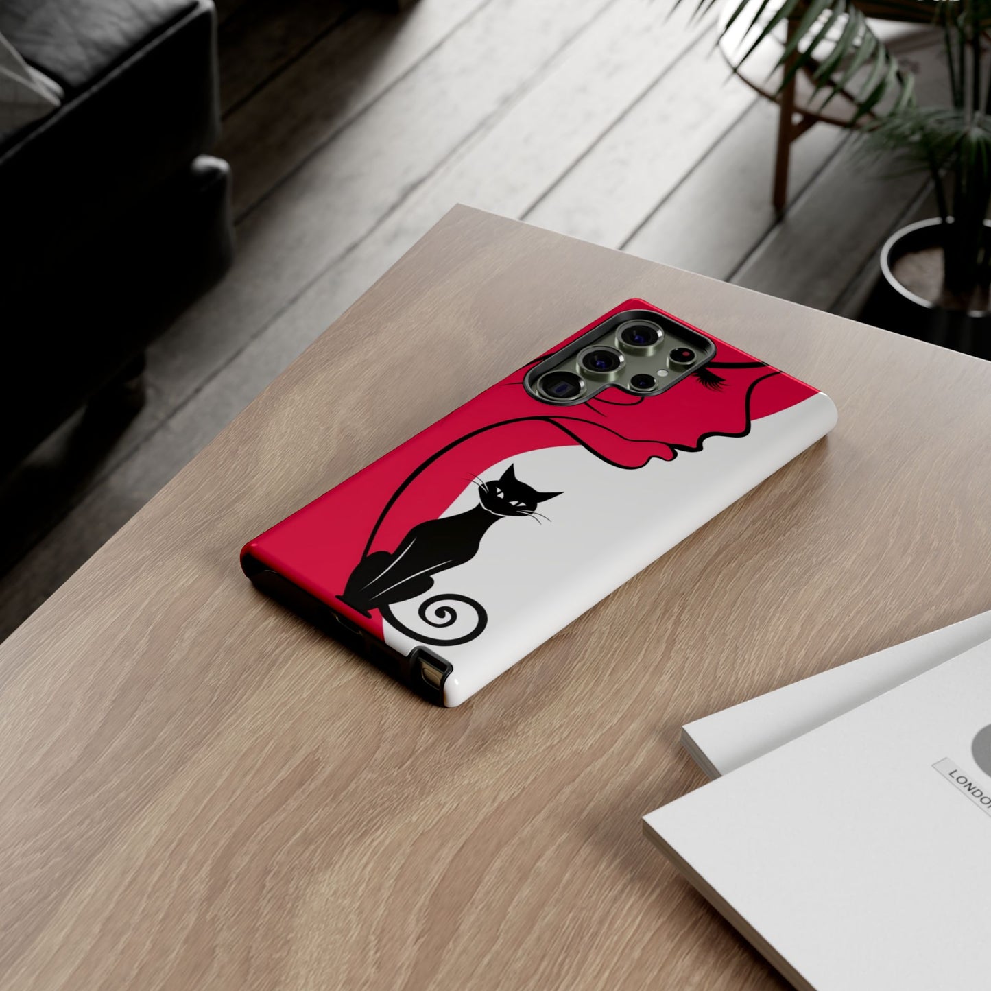 Phone Case with Artistic Woman & Black Cat Design – Stylish and Protective