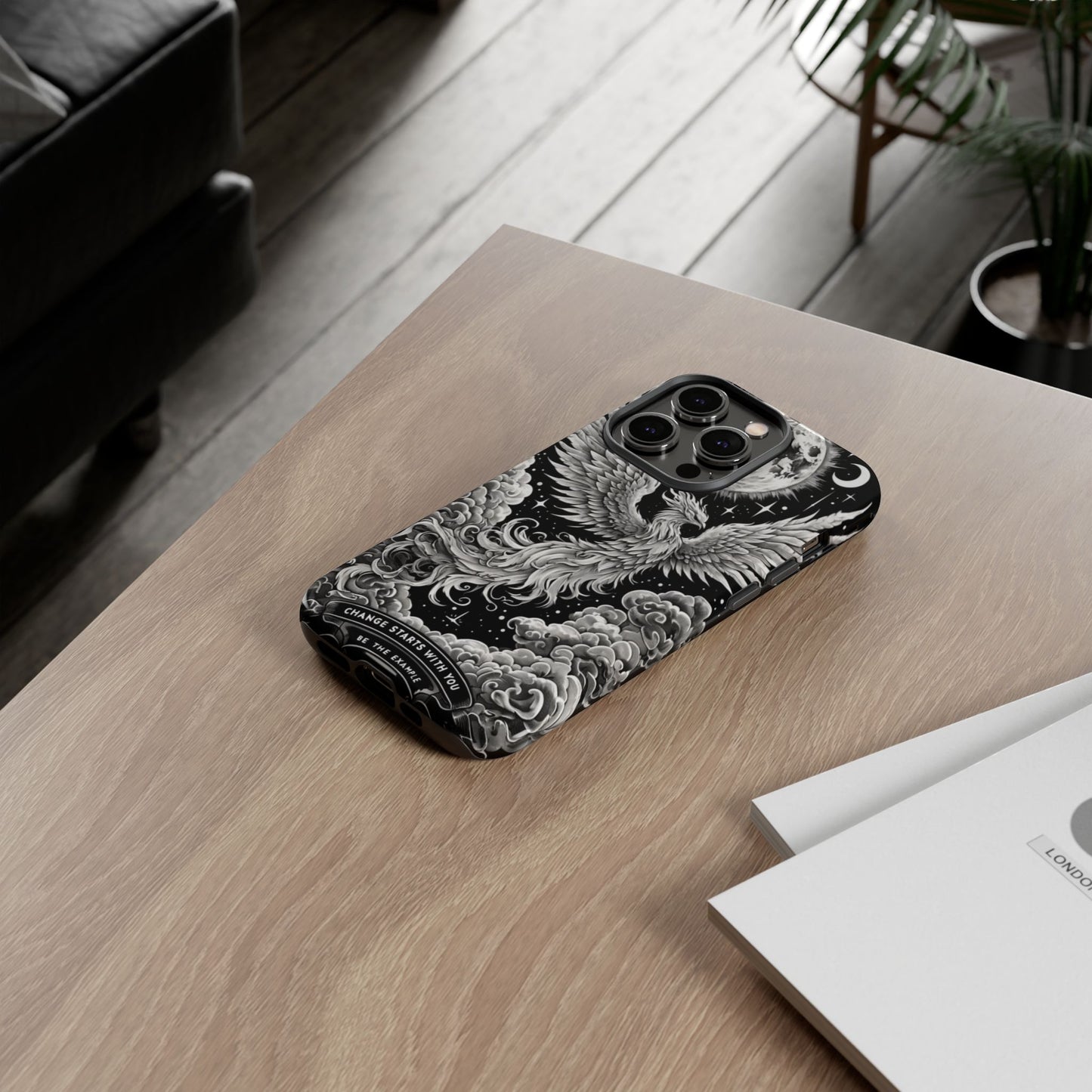 Phoenix Art iPhone Case – 'Change Starts With You' – Black & White Design