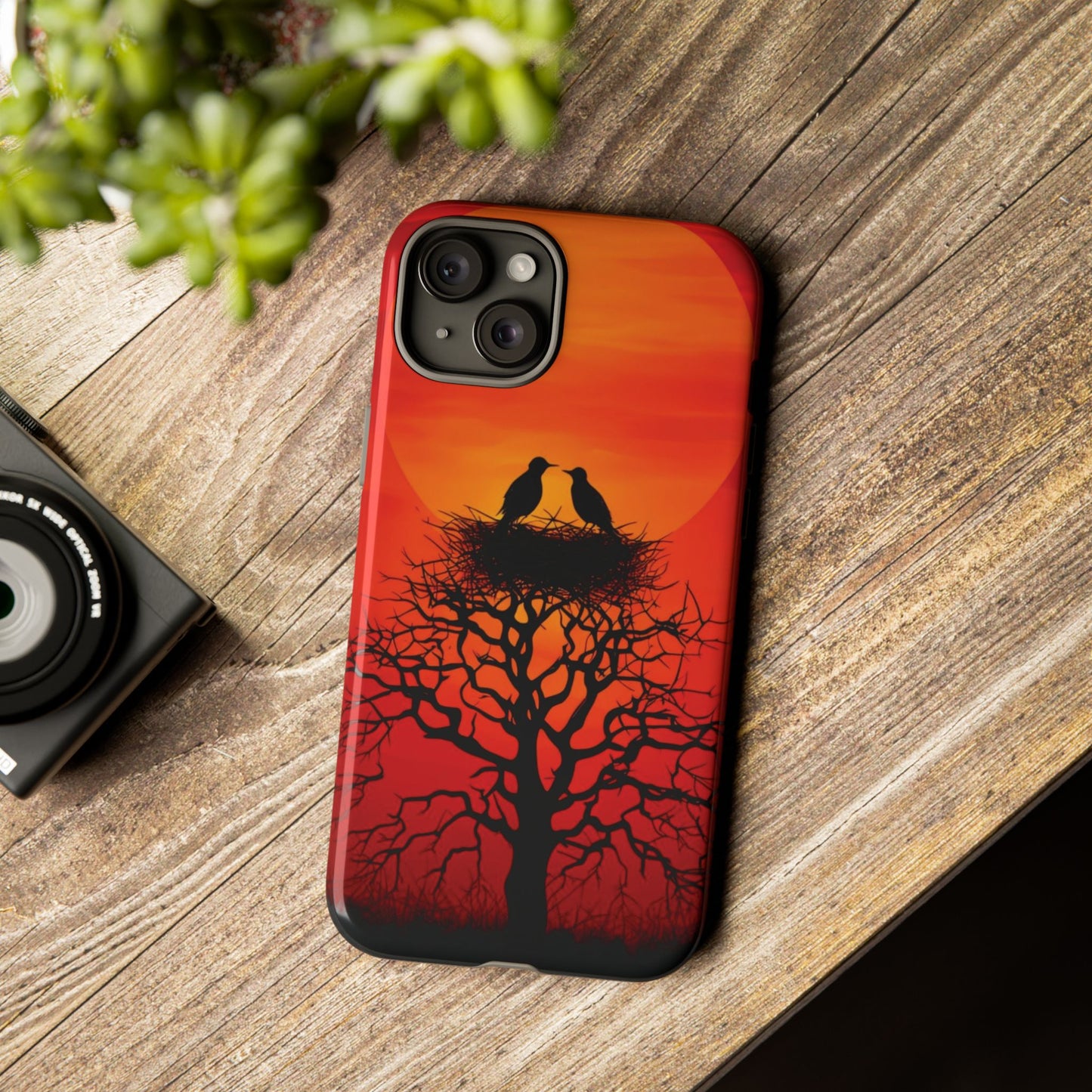 Phone Case Two Birds on a Nest - Red Sunset Background - Nature Wall Art - Romantic Bird Scene