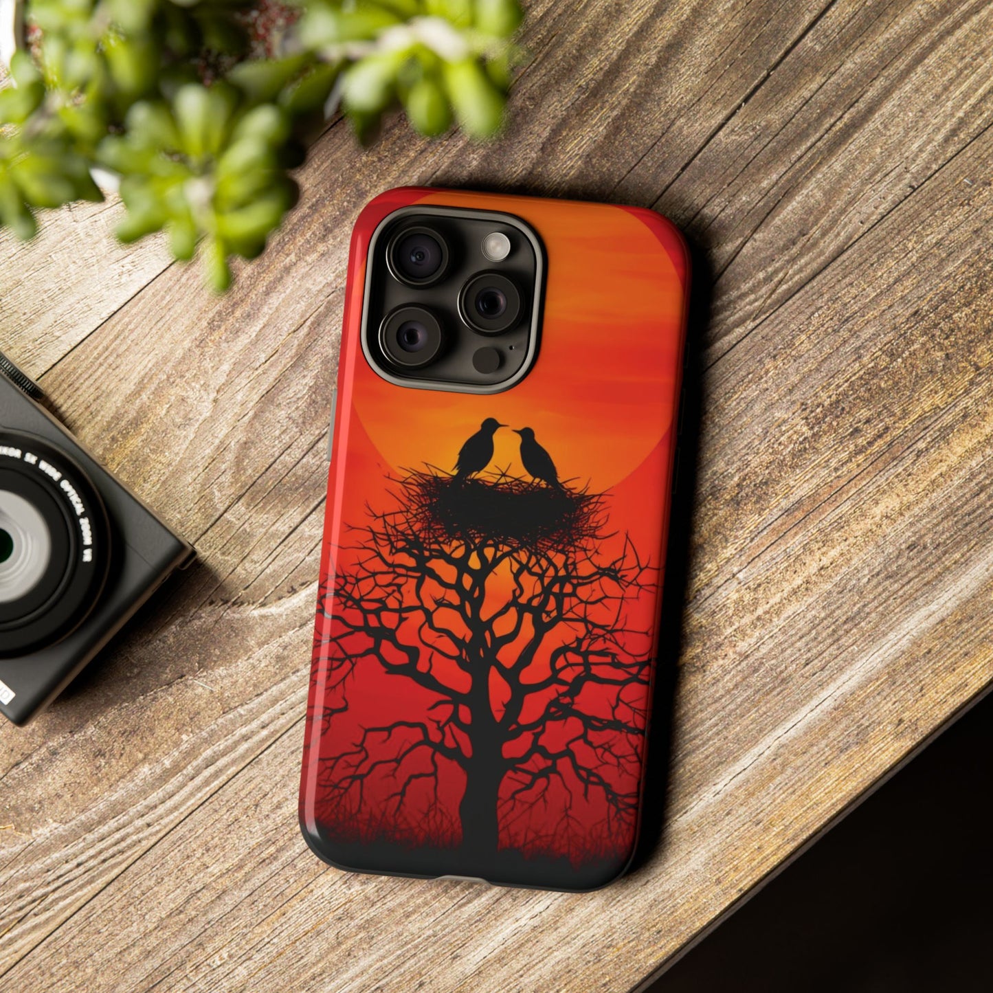 Phone Case Two Birds on a Nest - Red Sunset Background - Nature Wall Art - Romantic Bird Scene