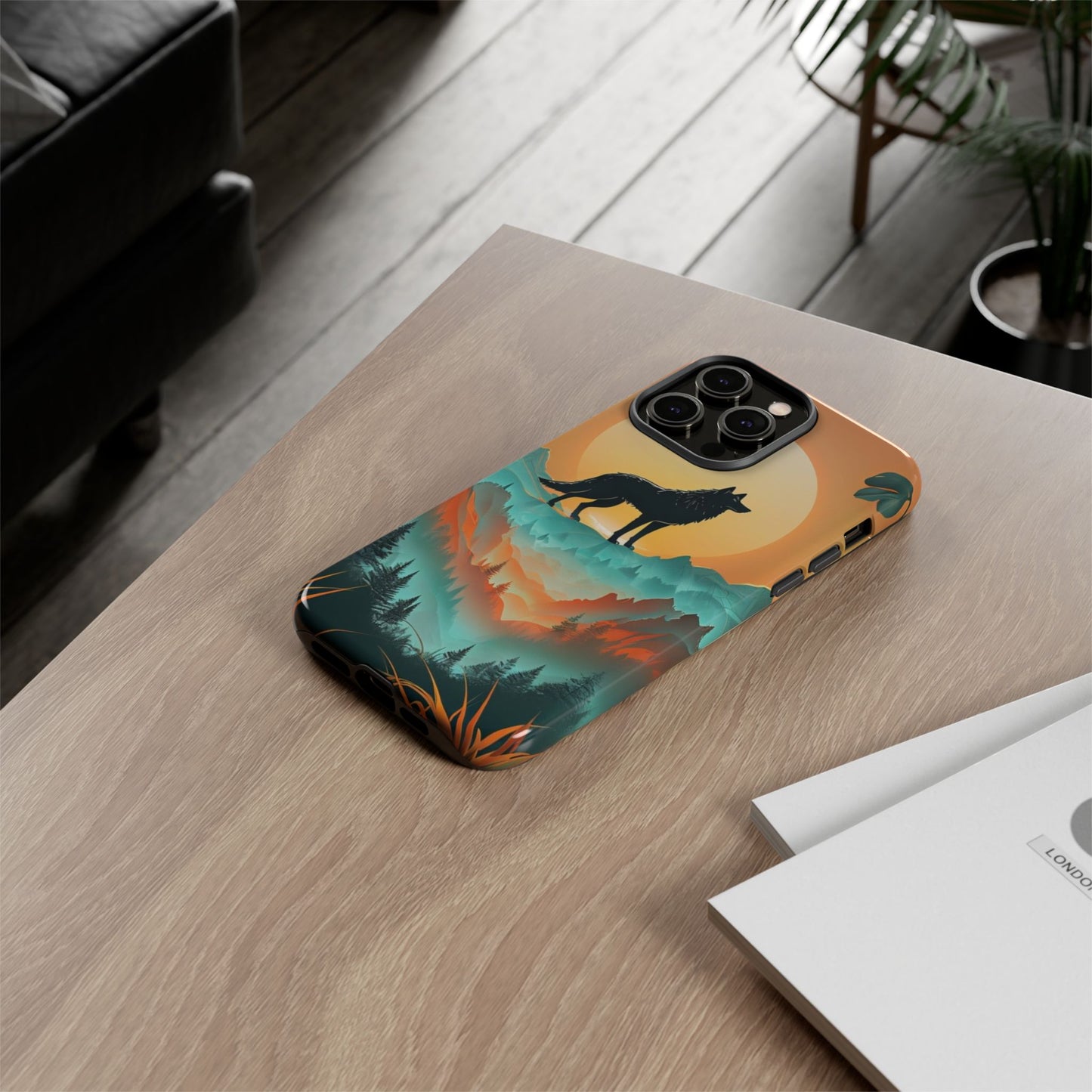 Phone Case Sunset Wolf Silhouette & Tropical Landscape – Artistic Protection