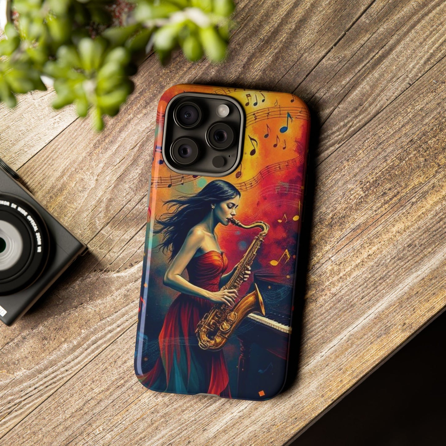 Phone Case Female Saxophonist – Elegant Jazz Illustration