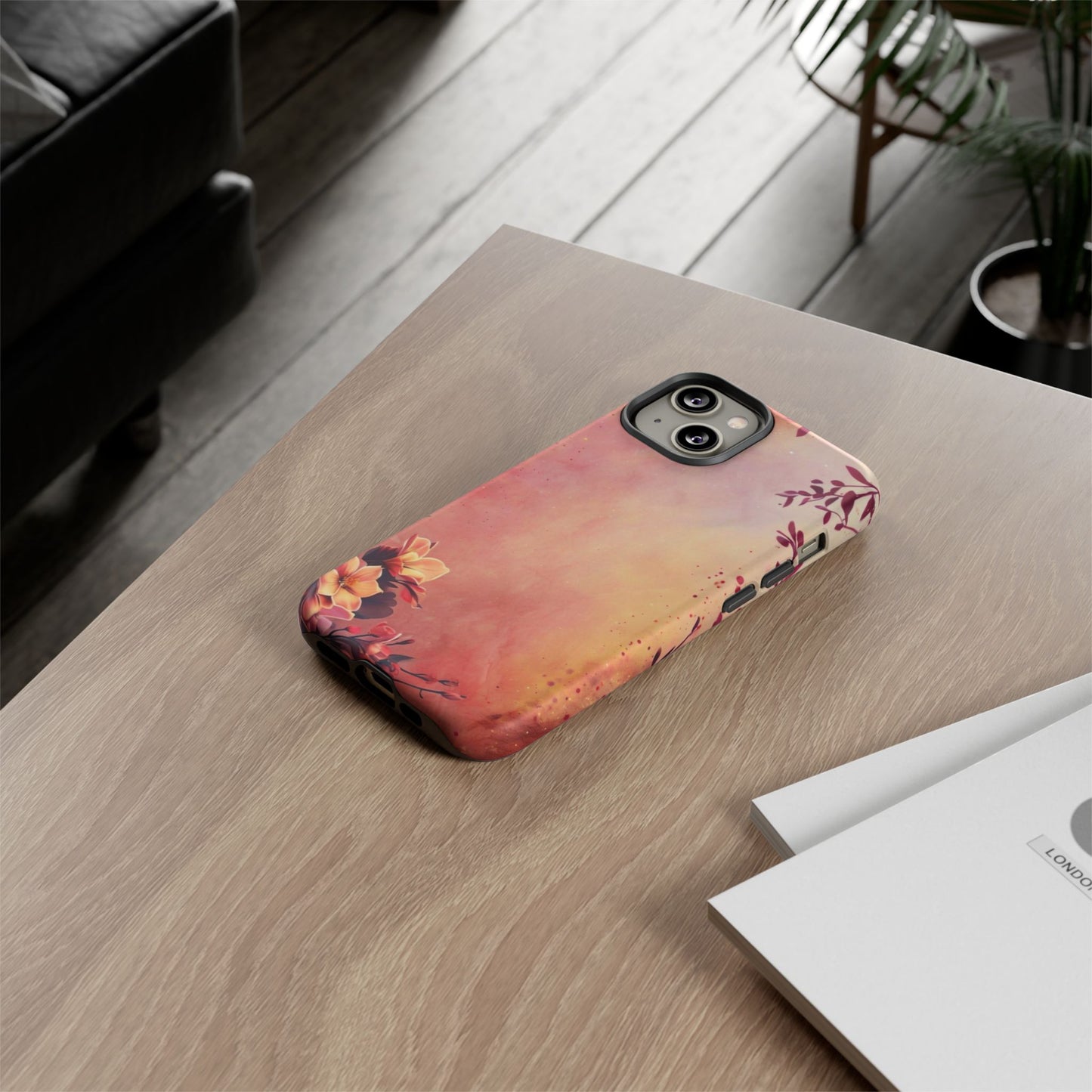 Watercolor Floral Phone Case - Pink Orange Gradient iPhone Cover - Botanical Art Protection