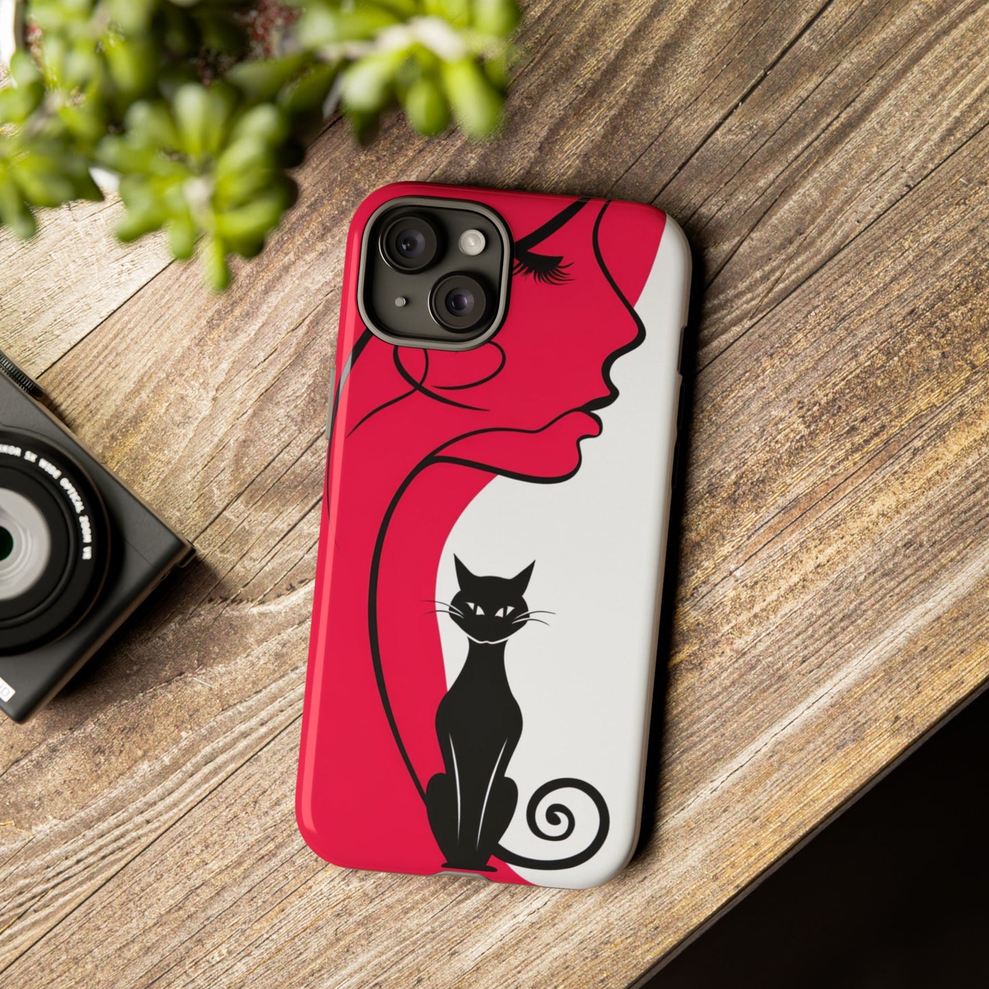 Phone Case with Artistic Woman & Black Cat Design – Stylish and Protective