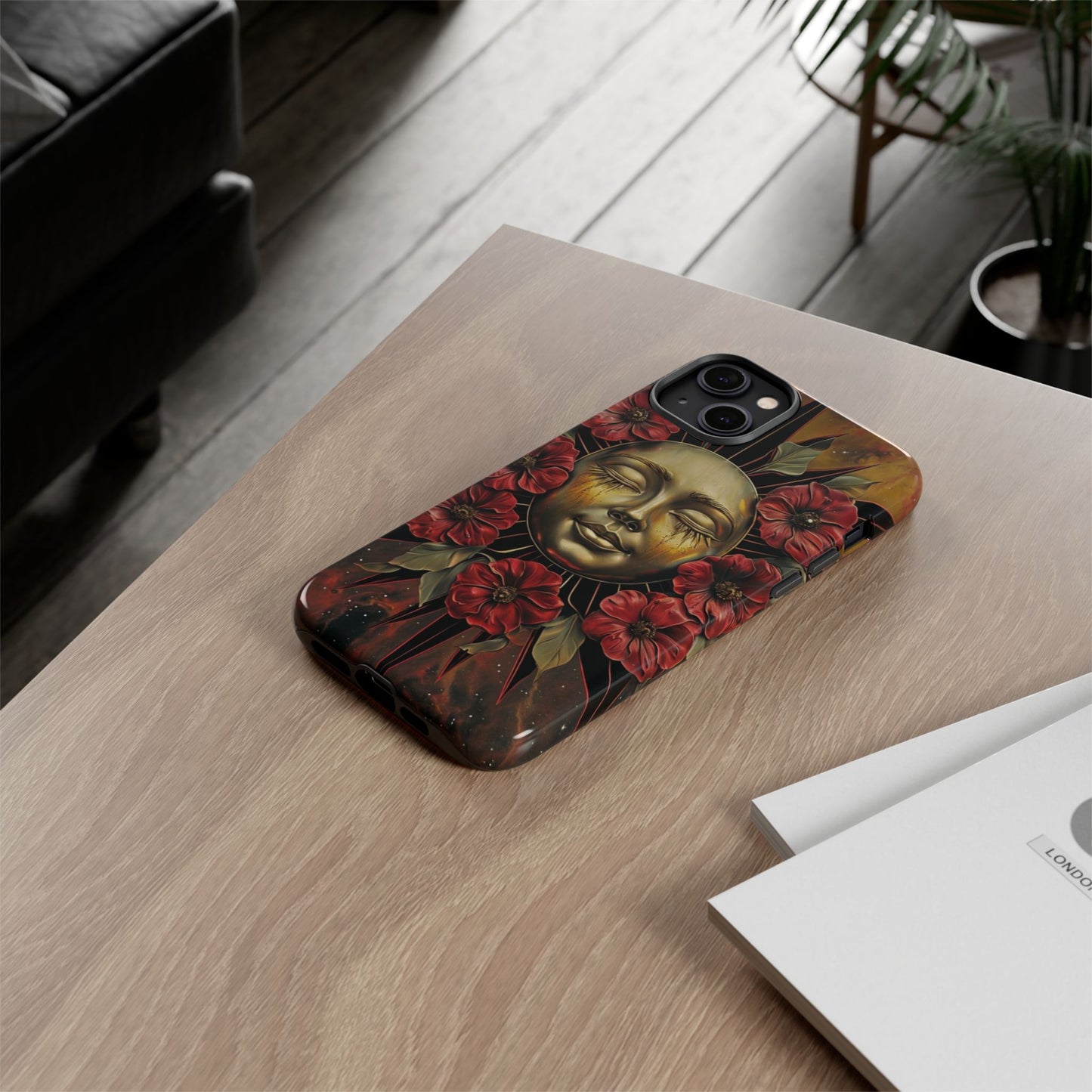 Phone Case Surreal Metallic Sun Face with Dark Red Flowers- Unique Modern Art Design