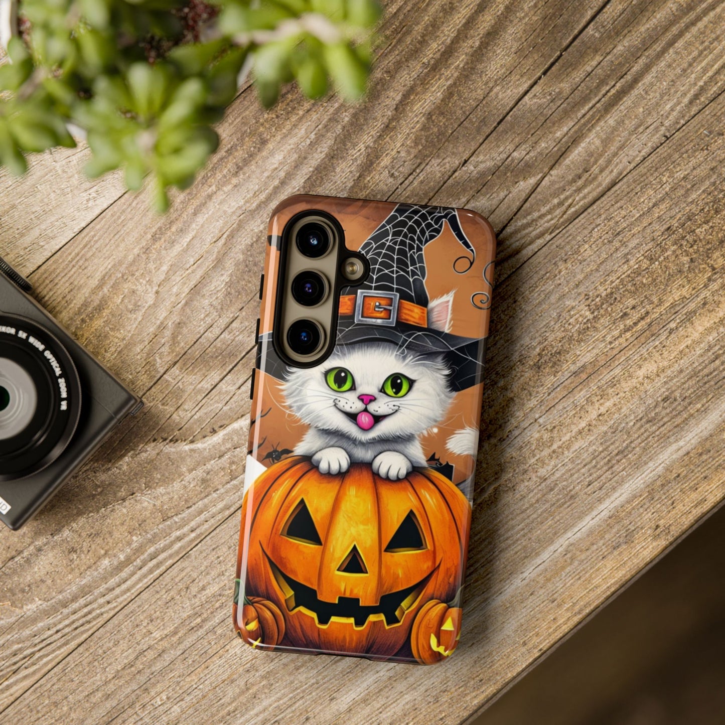 Halloween Cat Phone Case – Spooky Cute Cover with Witch Hat & Pumpkin Design