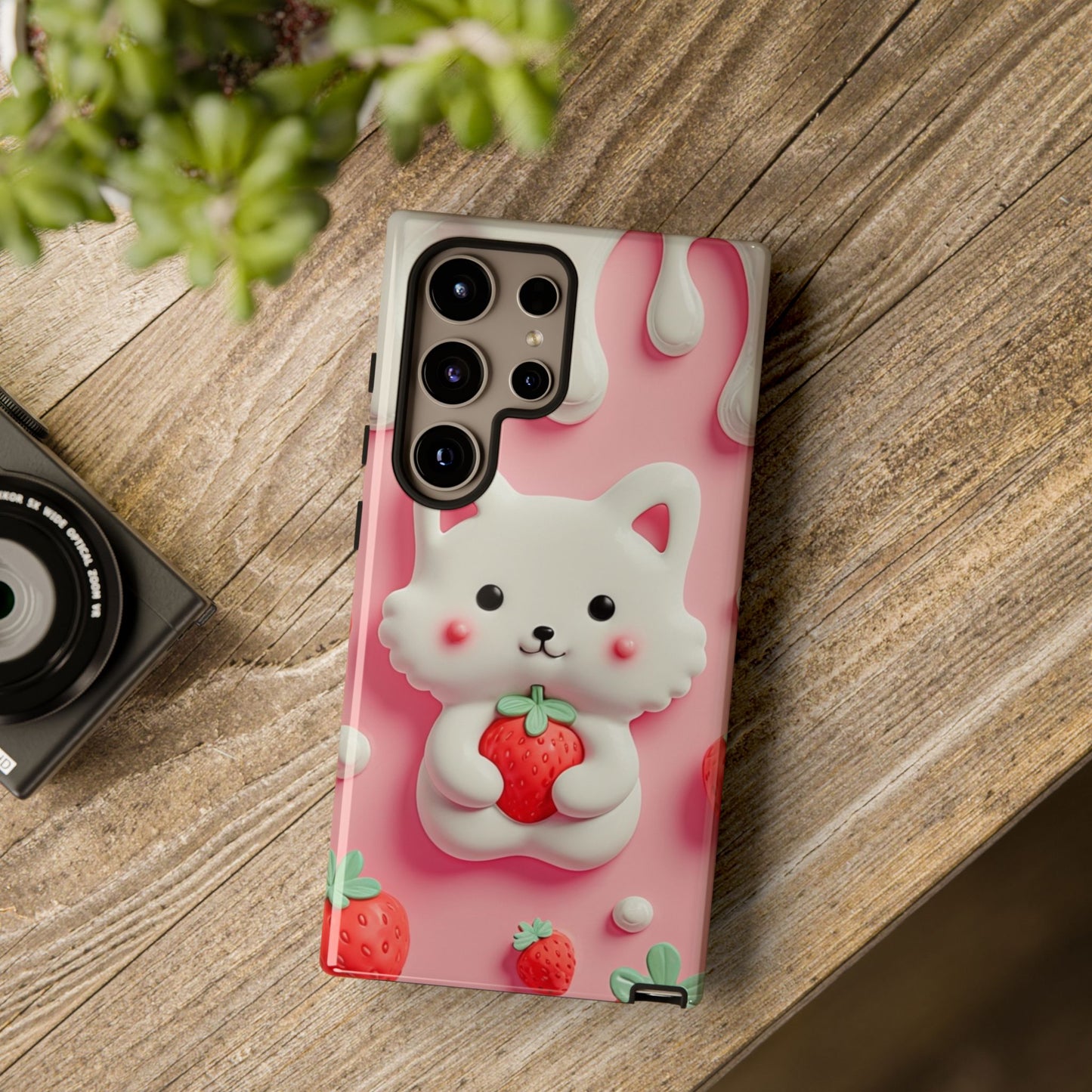 Adorable Cat Phone Case – Pink with Strawberry Design