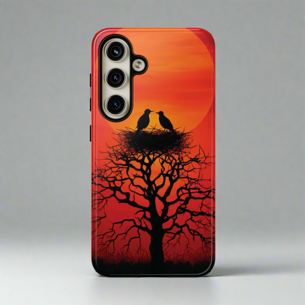 Phone Case Two Birds on a Nest - Red Sunset Background - Nature Wall Art - Romantic Bird Scene