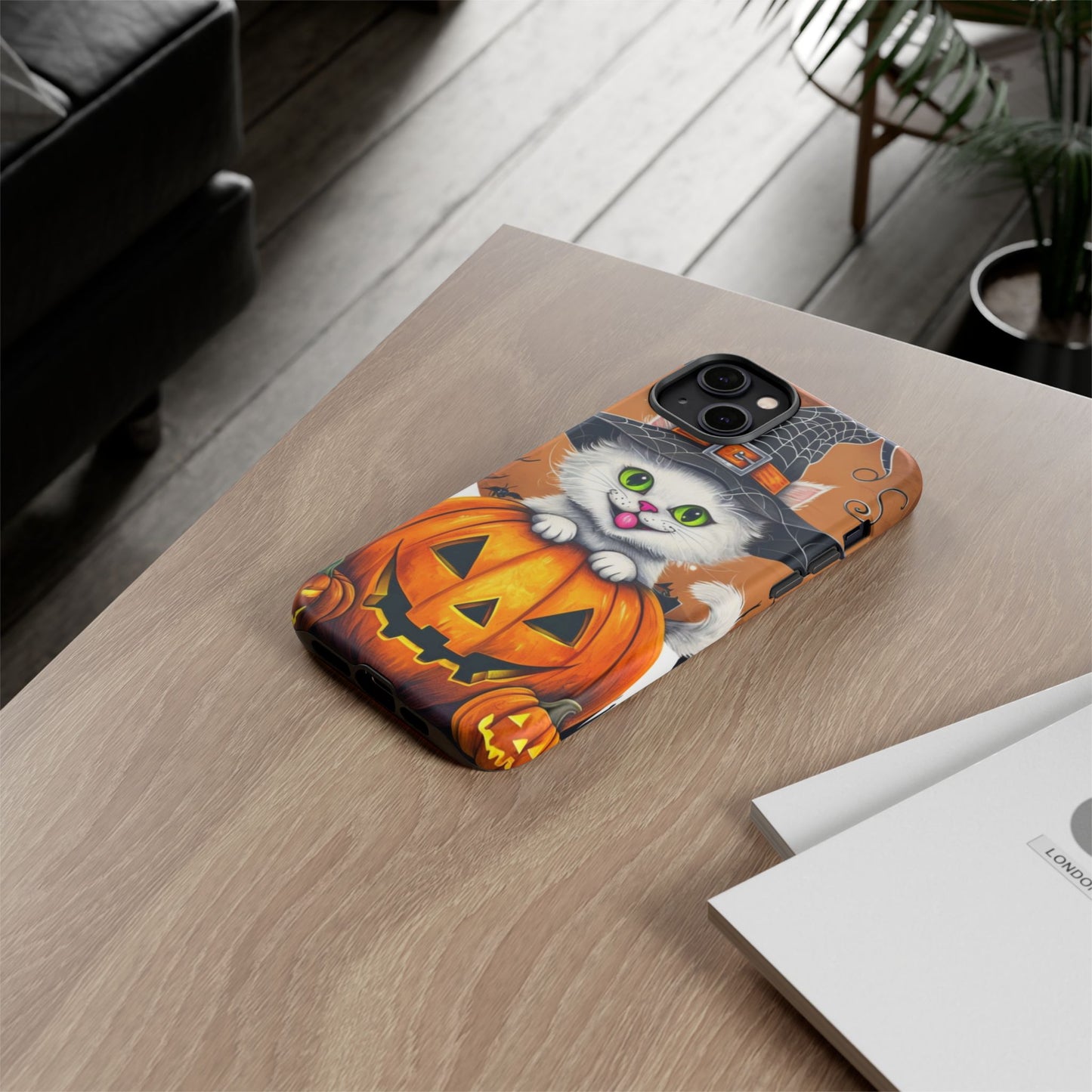 Halloween Cat Phone Case – Spooky Cute Cover with Witch Hat & Pumpkin Design