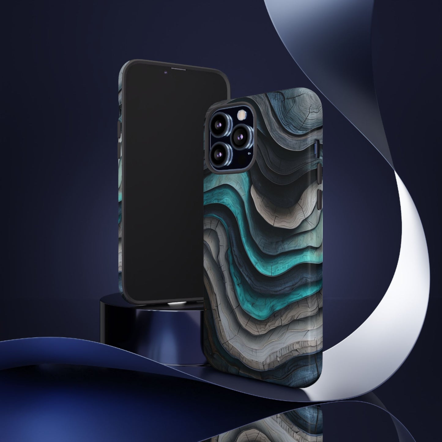 Phone Case Blue & Grey Woodgrain Wave – Artistic iPhone & Samsung Cover