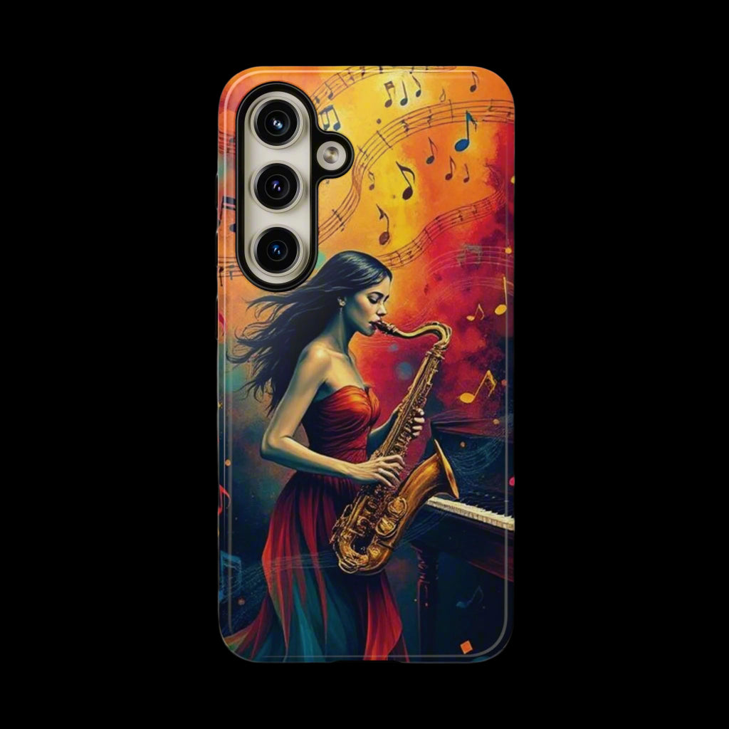 Phone Case Female Saxophonist – Elegant Jazz Illustration