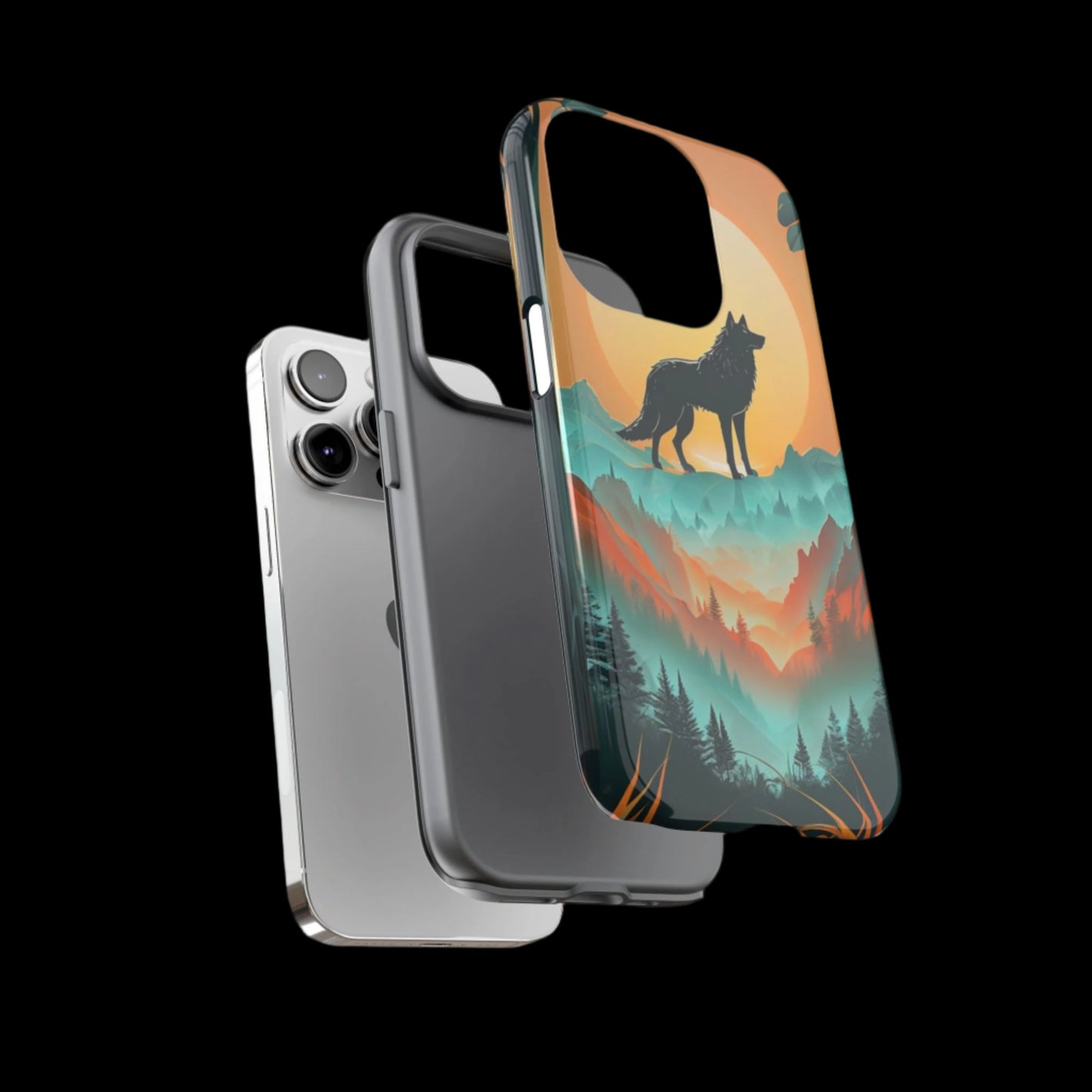 Phone Case Sunset Wolf Silhouette & Tropical Landscape – Artistic Protection