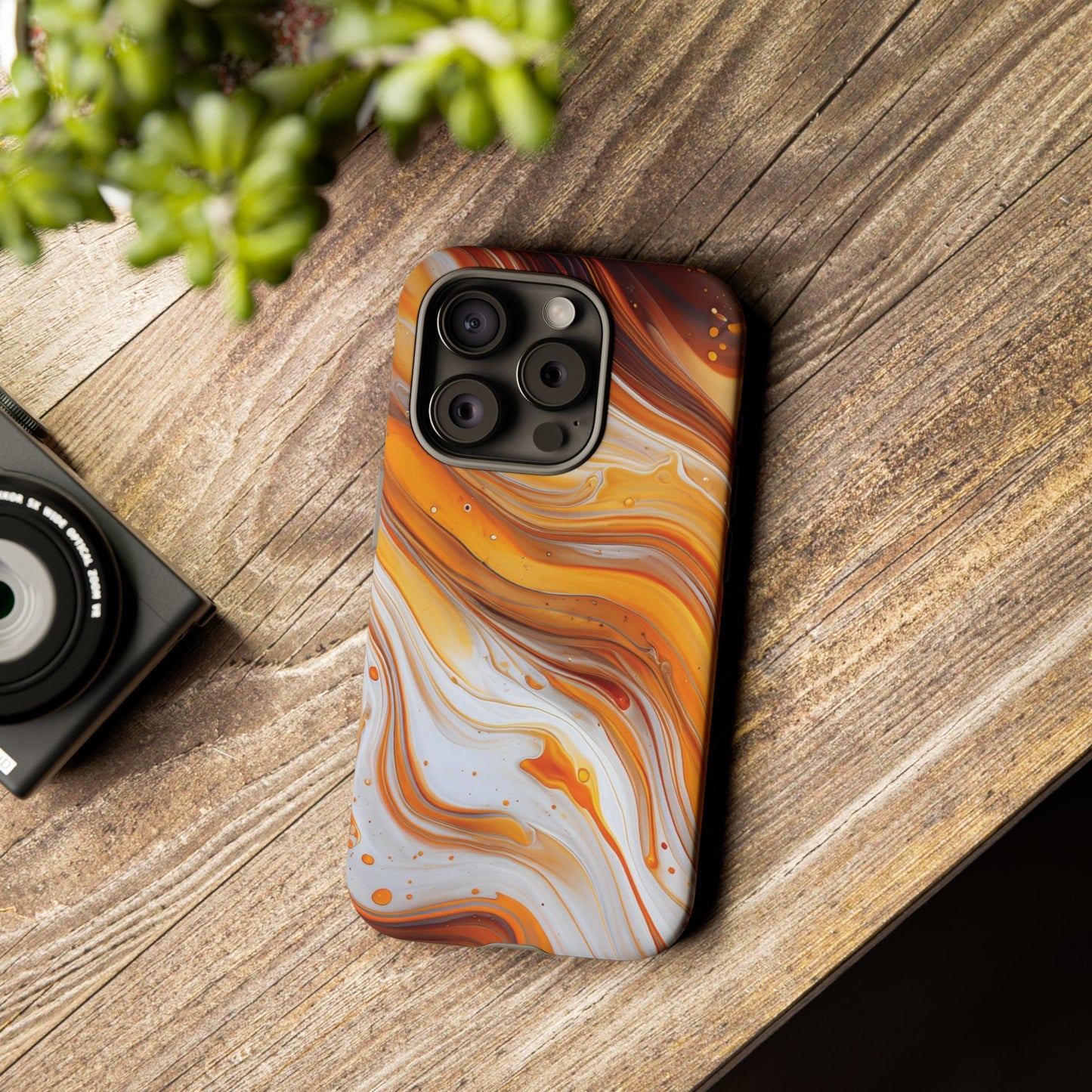 Artistic Swirl Phone Case – Orange, White & Brown Marble Texture