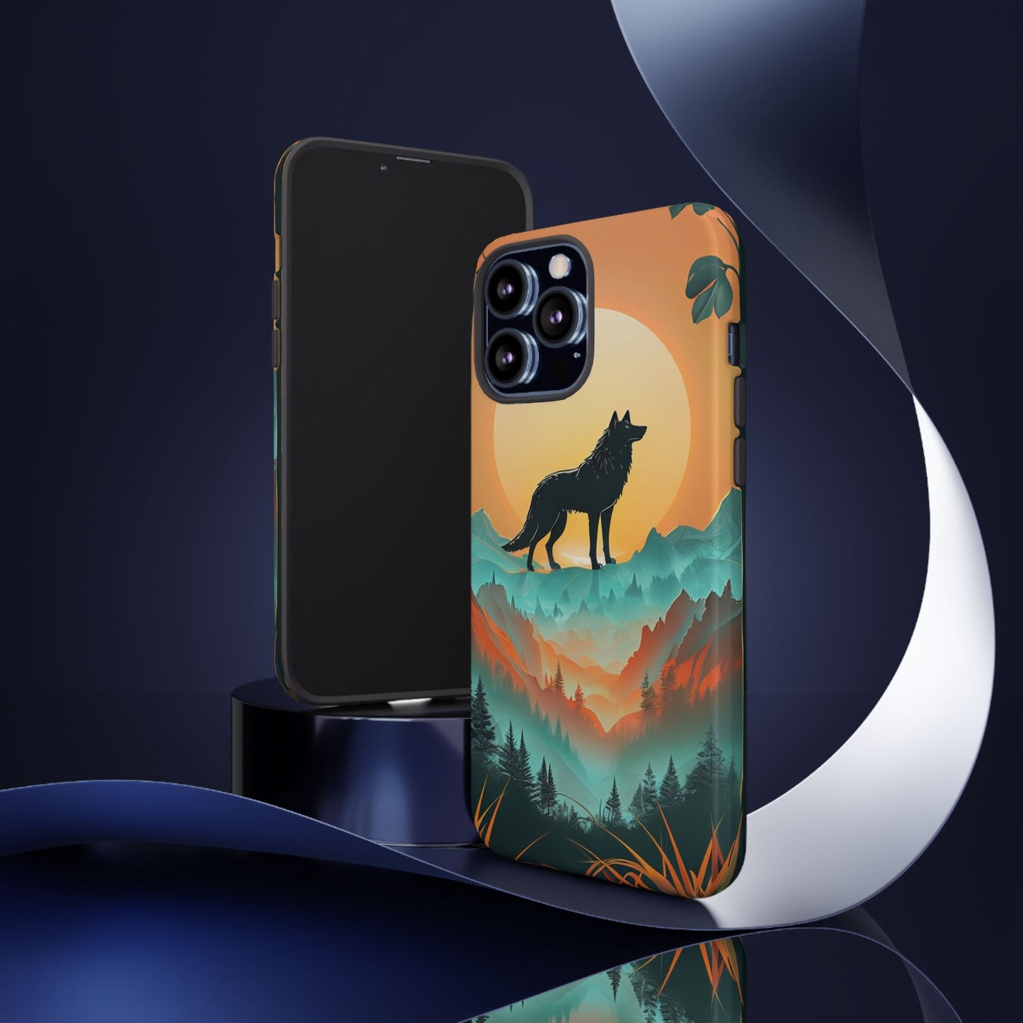 Phone Case Sunset Wolf Silhouette & Tropical Landscape – Artistic Protection