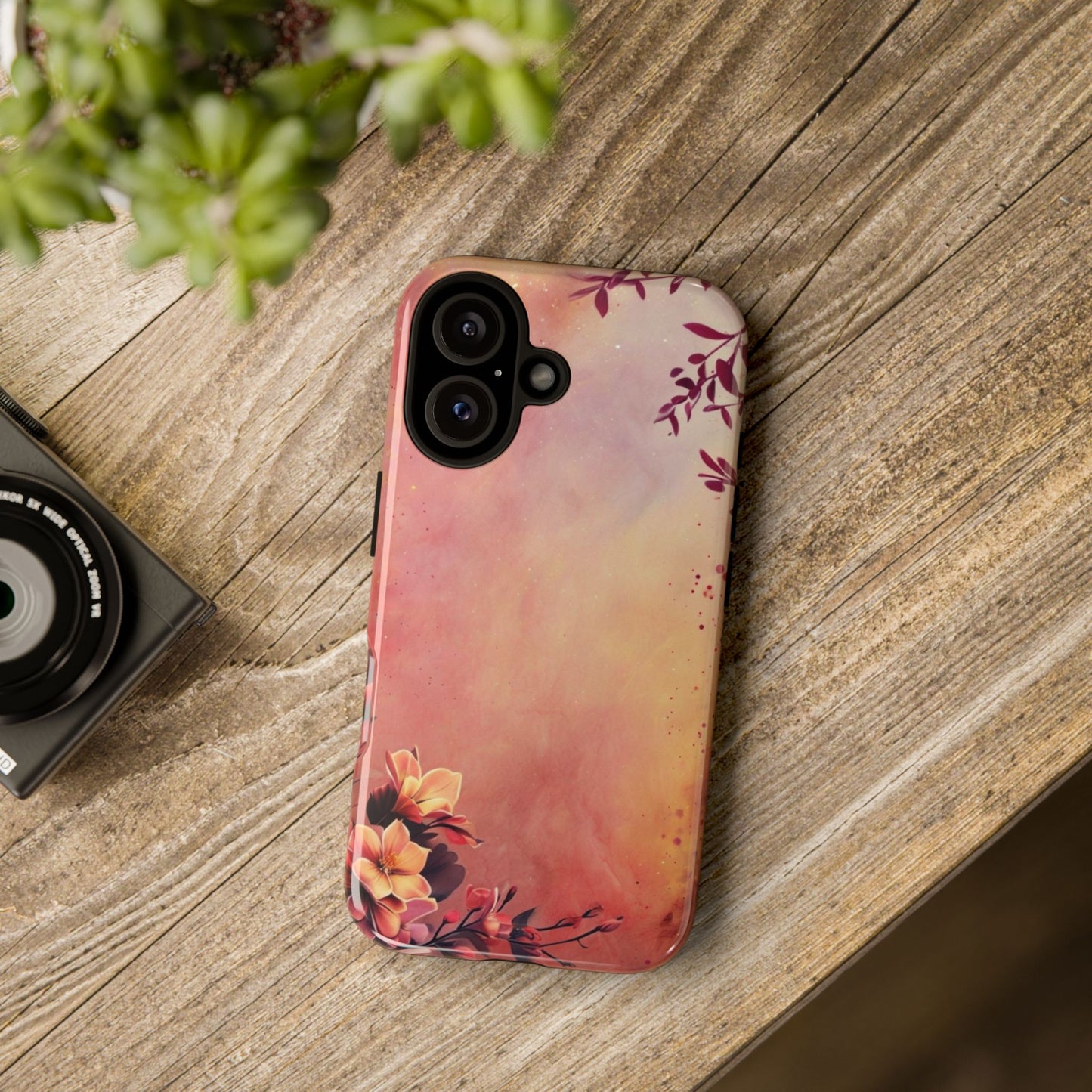 Watercolor Floral Phone Case - Pink Orange Gradient iPhone Cover - Botanical Art Protection