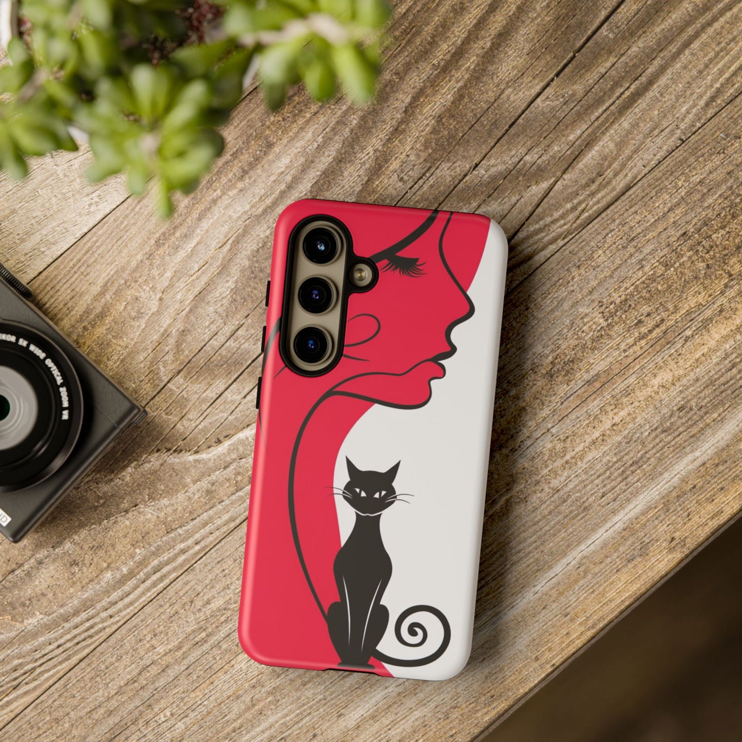 Phone Case with Artistic Woman & Black Cat Design – Stylish and Protective