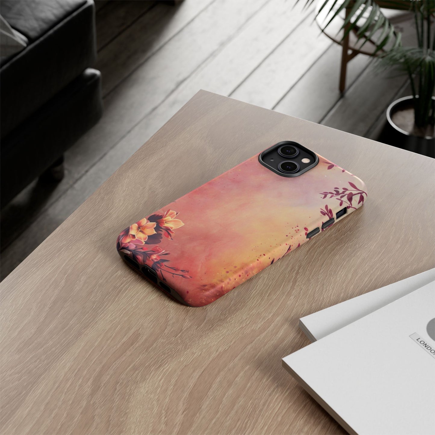 Watercolor Floral Phone Case - Pink Orange Gradient iPhone Cover - Botanical Art Protection