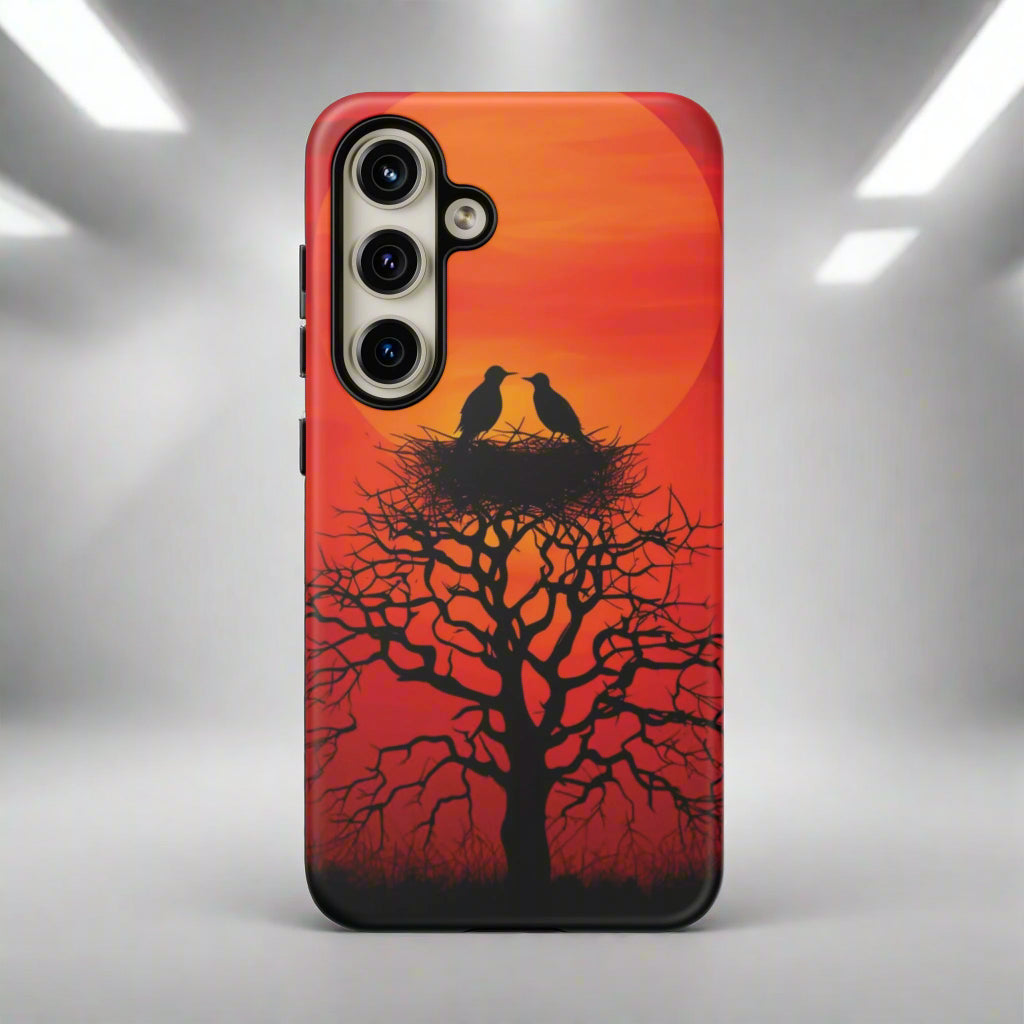 Phone Case Two Birds on a Nest - Red Sunset Background - Nature Wall Art - Romantic Bird Scene