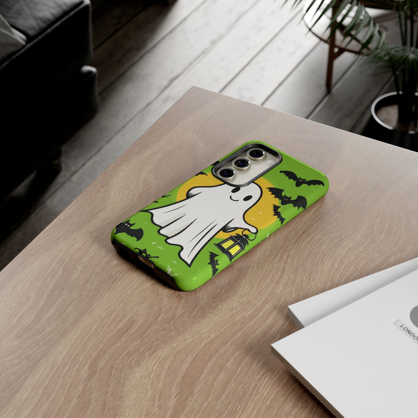 Cute Halloween Ghost Phone Case with Bats and Lantern – Perfect for Spooky Season
