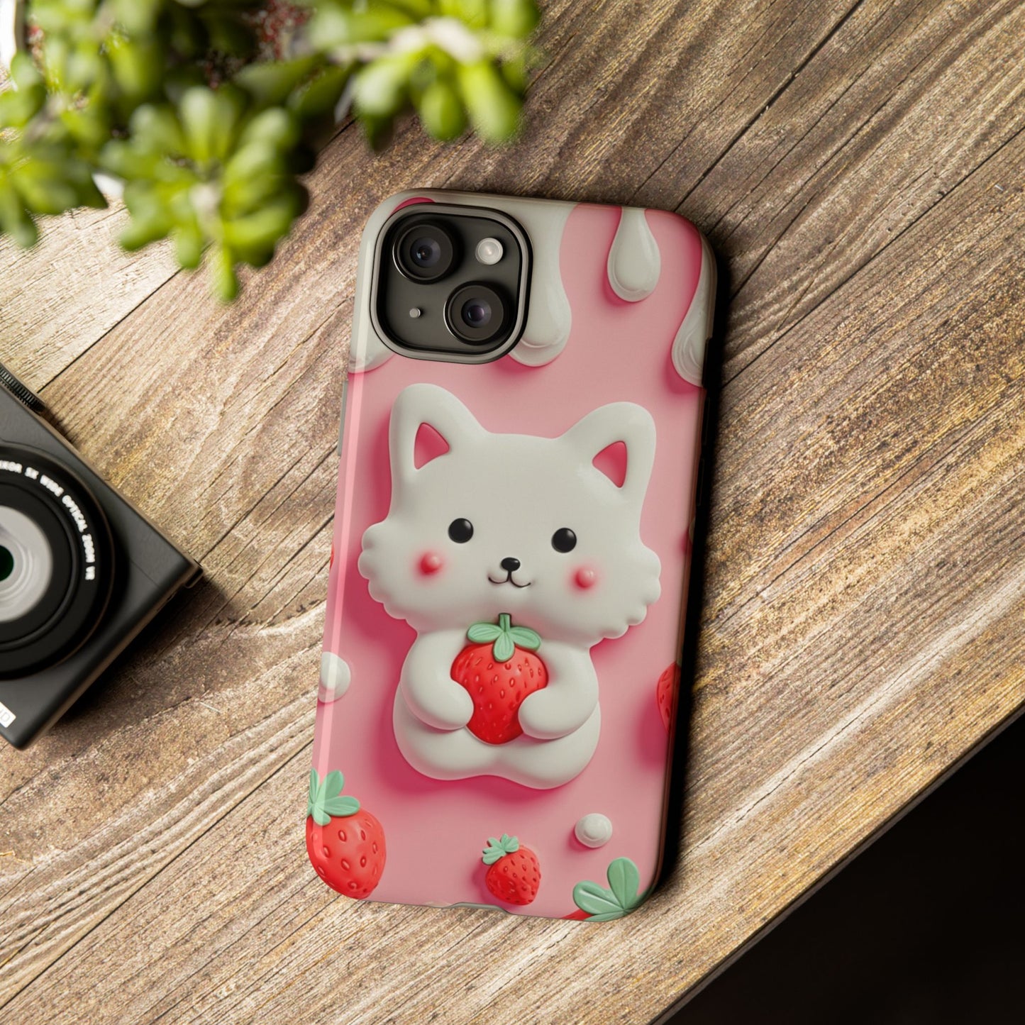 Adorable Cat Phone Case – Pink with Strawberry Design